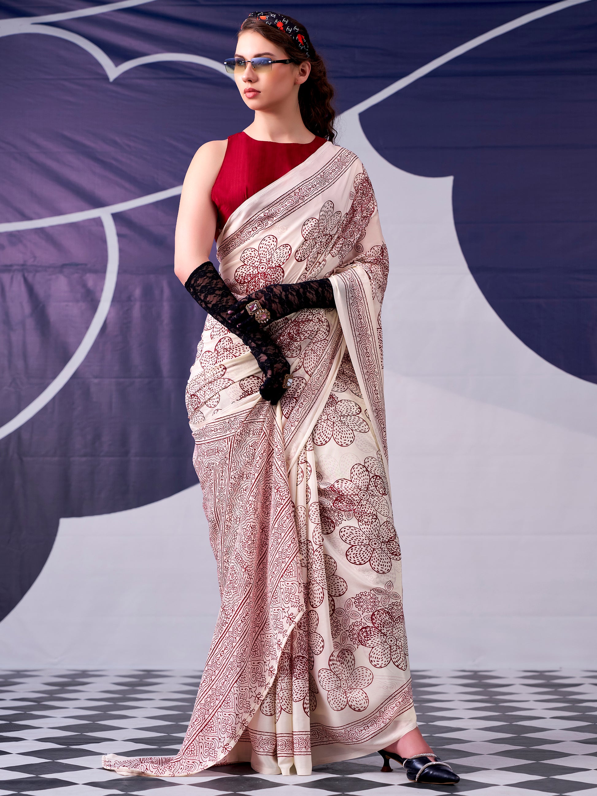 Alluring Maroon Floral Printed Satin Event Wear Saree With Blouse