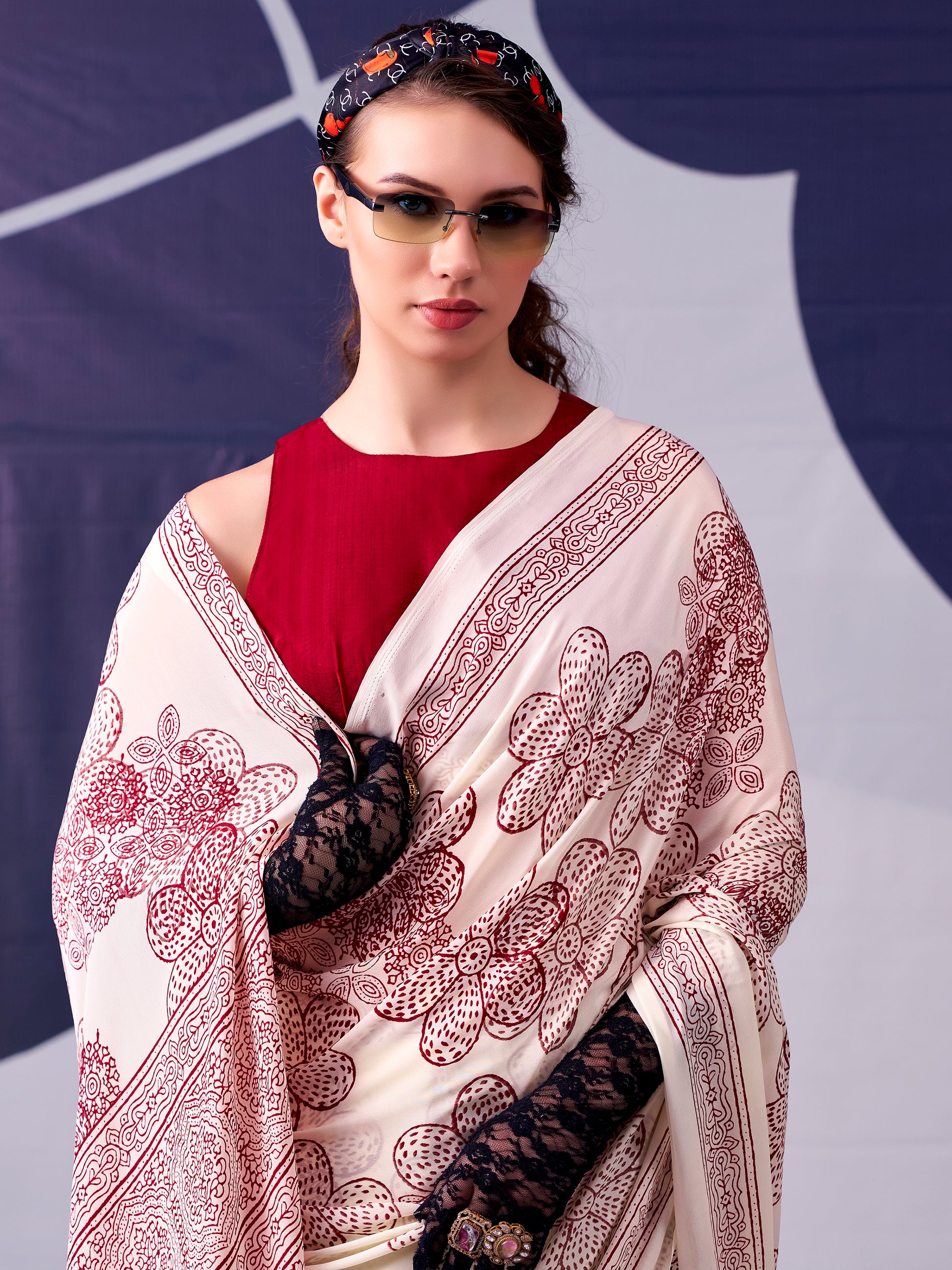 Alluring Maroon Floral Printed Satin Event Wear Saree With Blouse