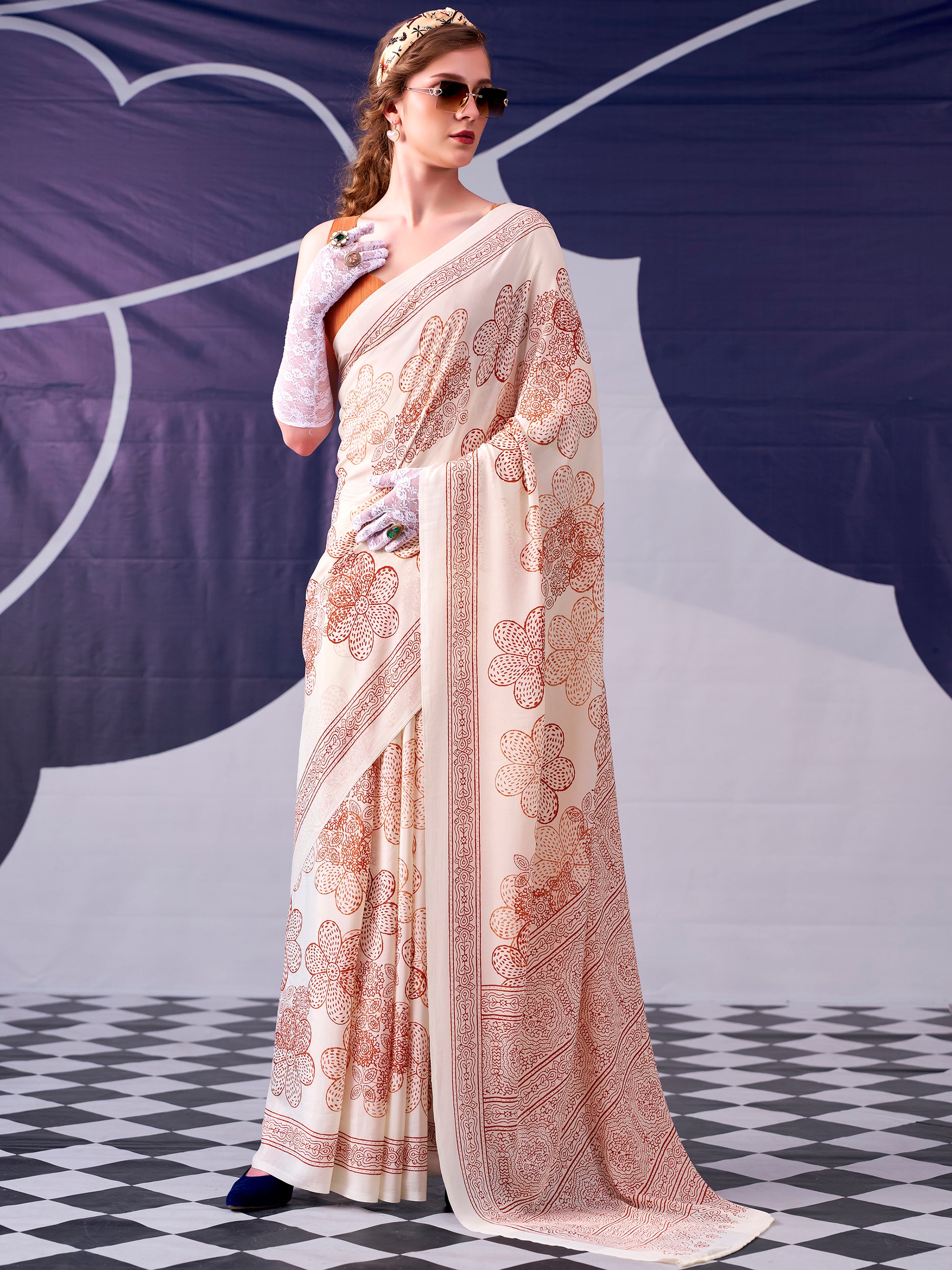 Spectacular Peach Floral Printed Satin Casual Wear Saree With Blouse
