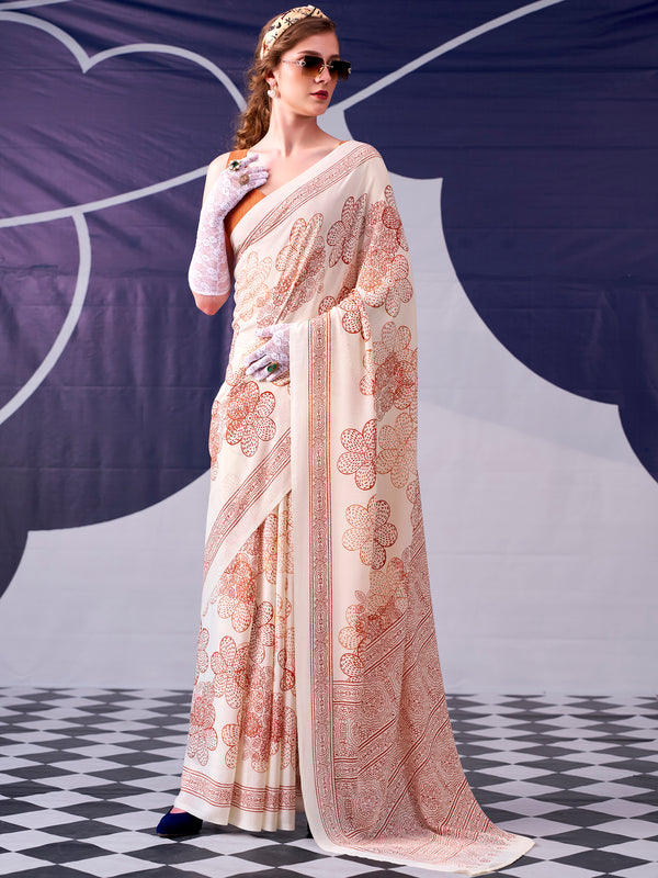 Spectacular Peach Floral Printed Satin Casual Wear Saree With Blouse