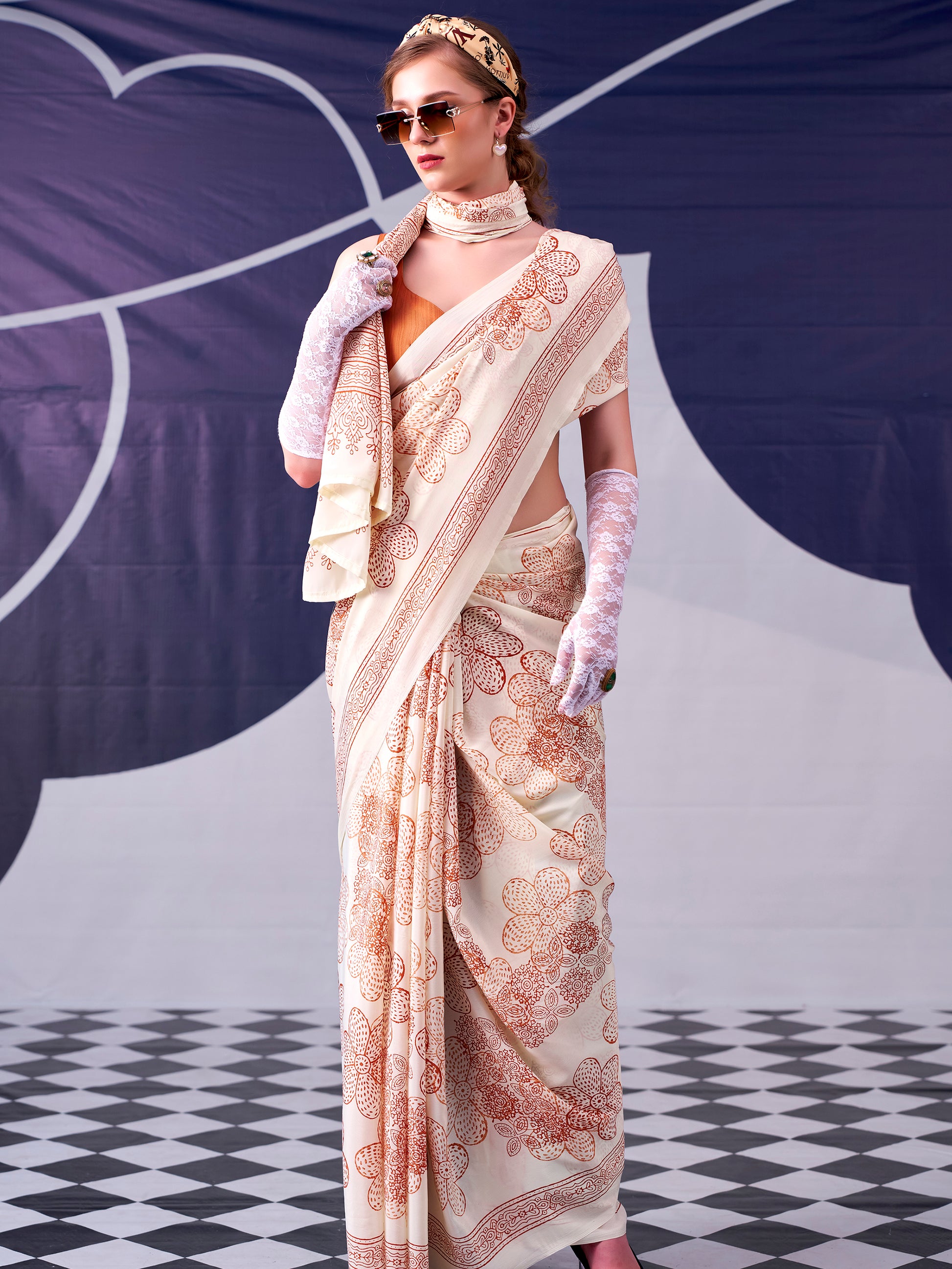 Spectacular Peach Floral Printed Satin Casual Wear Saree With Blouse