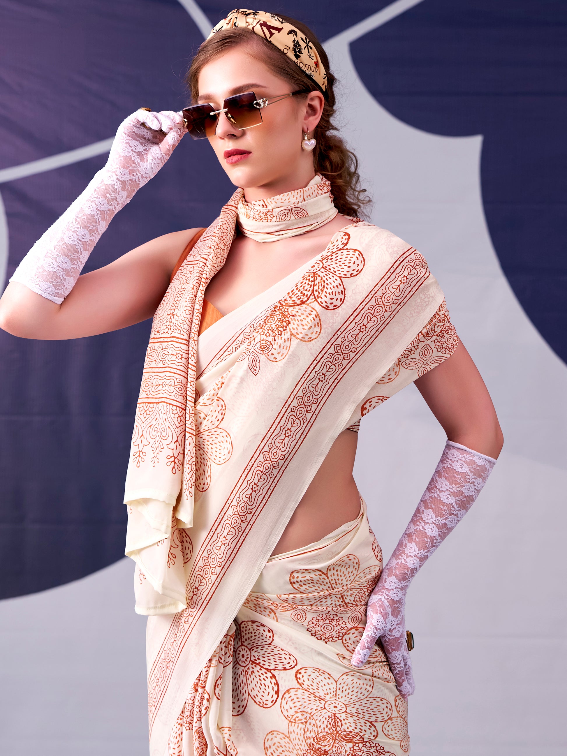Spectacular Peach Floral Printed Satin Casual Wear Saree With Blouse