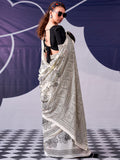 Rich Black Floral Printed Satin Traditional Saree With Blouse