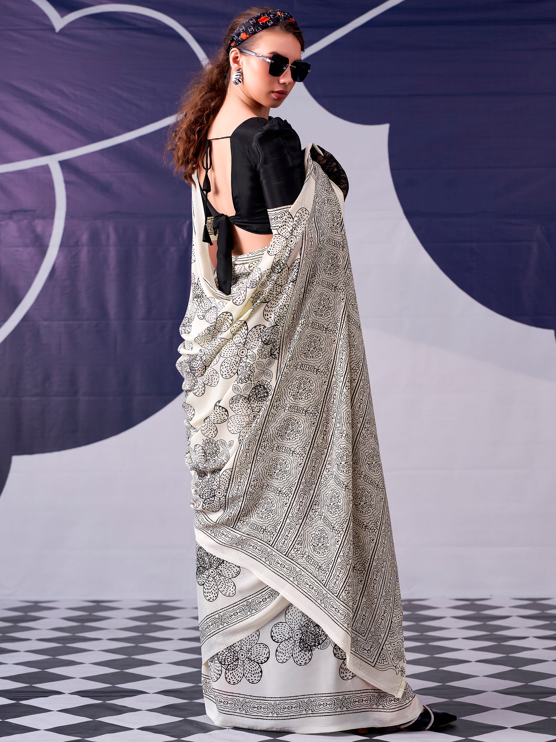 Rich Black Floral Printed Satin Traditional Saree With Blouse