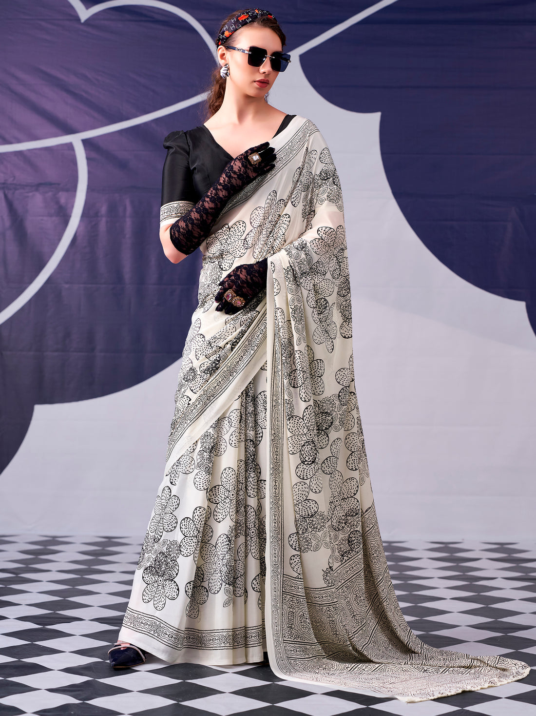 Rich Black Floral Printed Satin Traditional Saree With Blouse