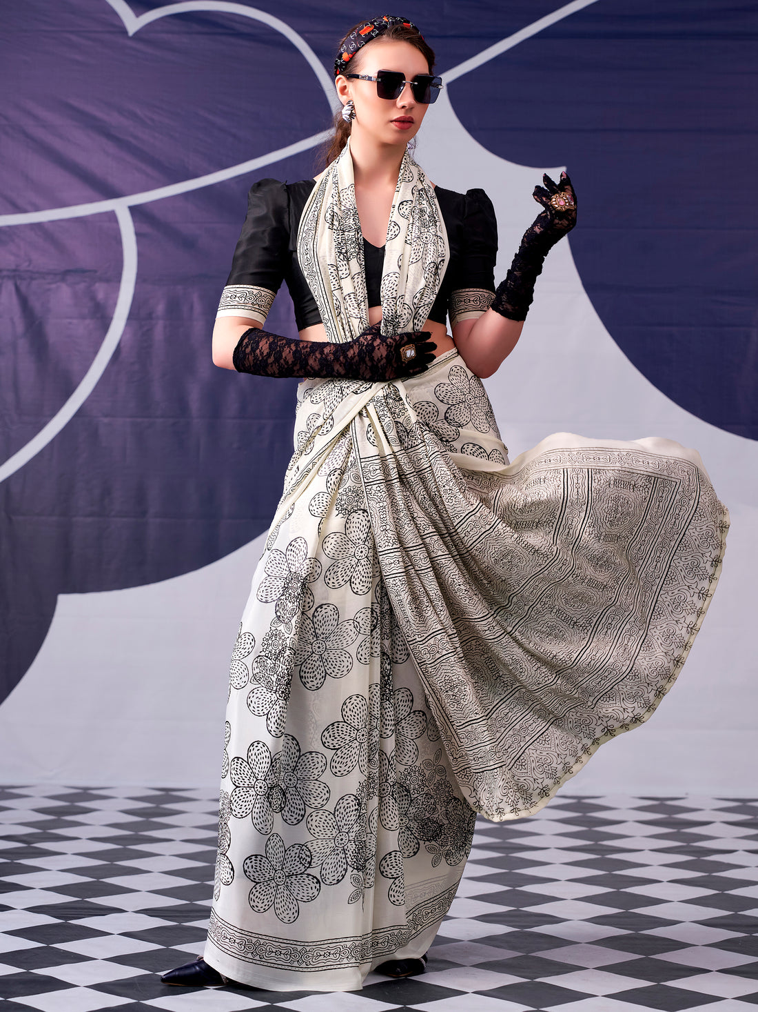 Rich Black Floral Printed Satin Traditional Saree With Blouse