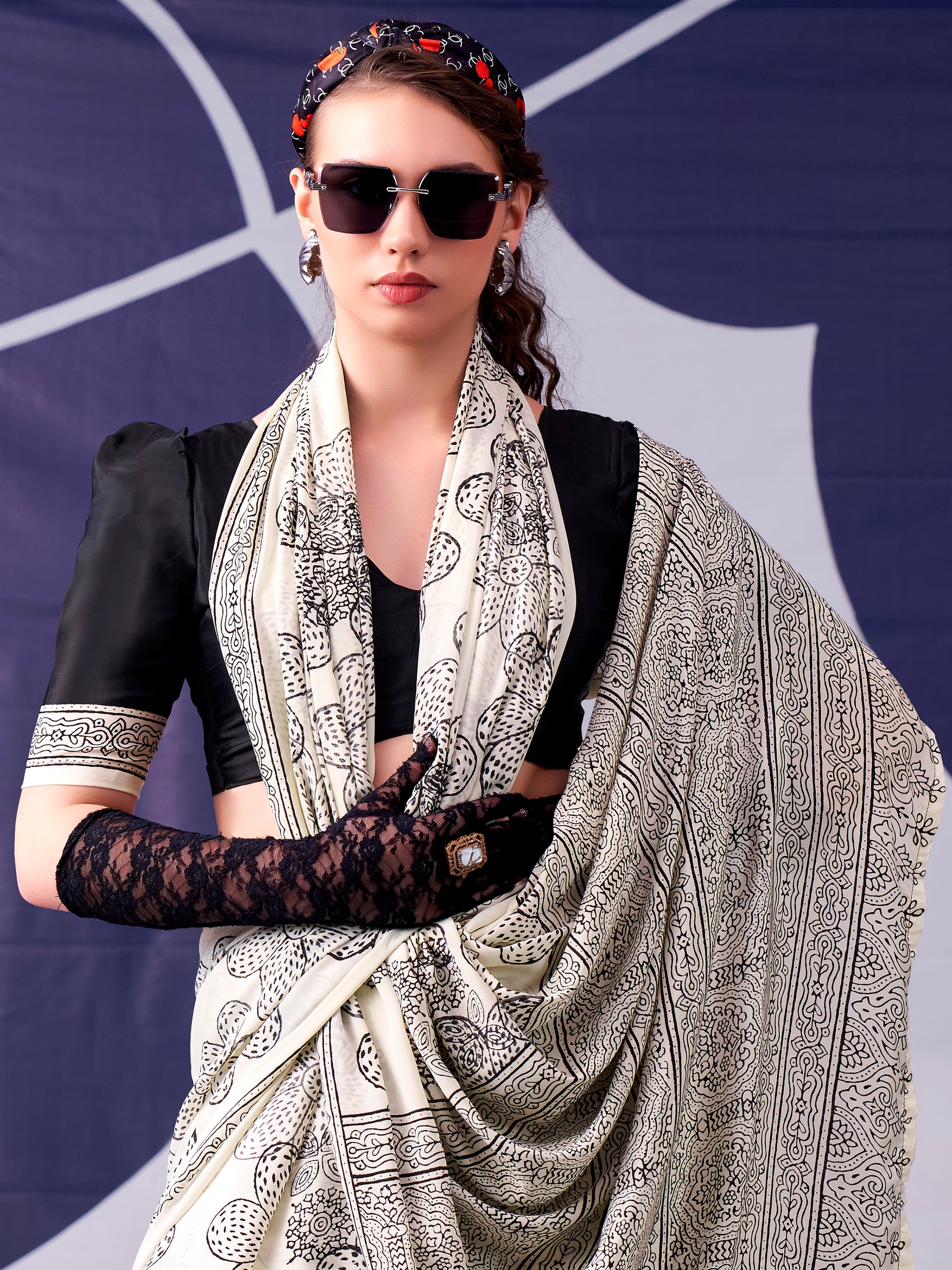 Rich Black Floral Printed Satin Traditional Saree With Blouse