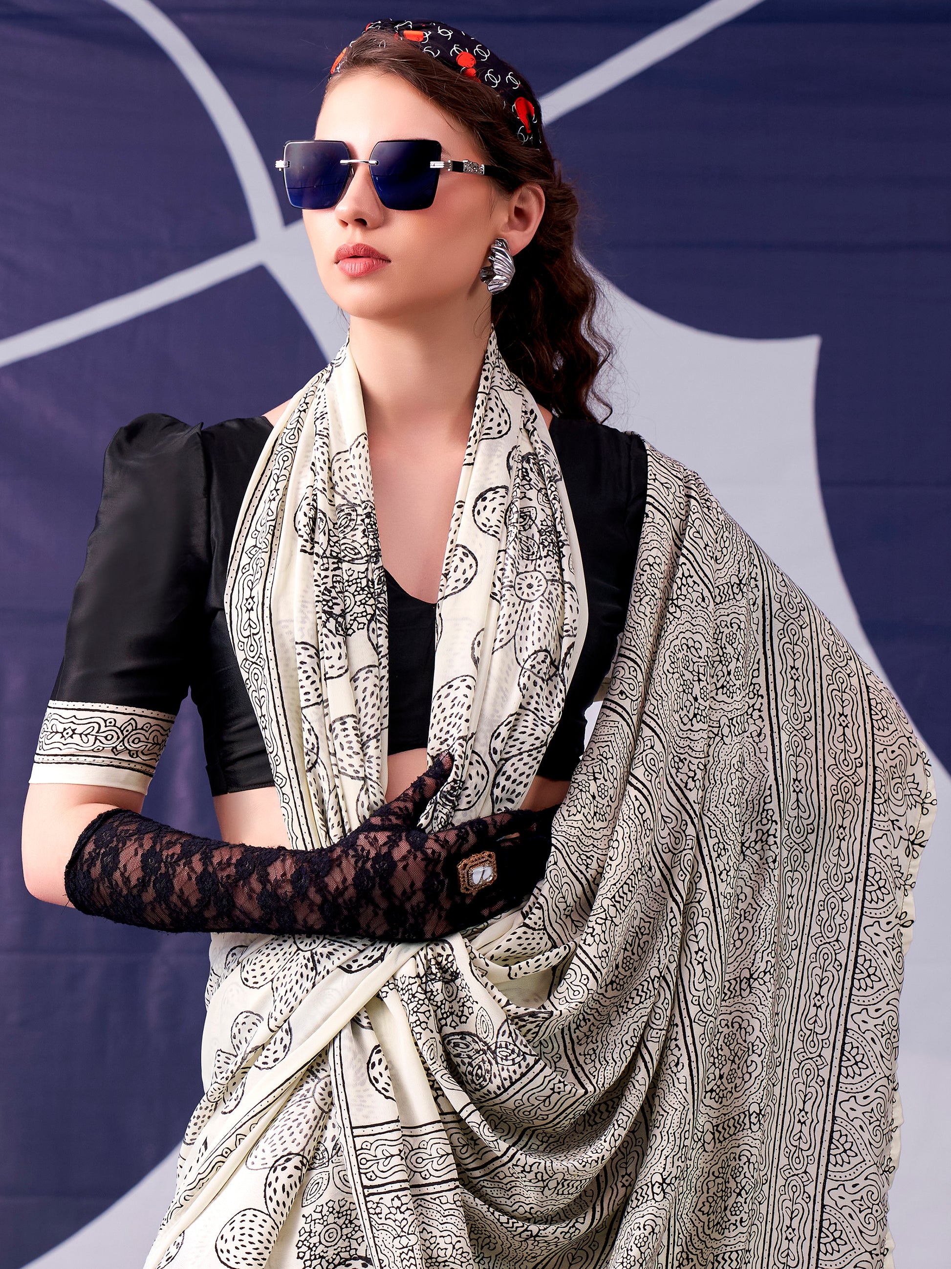 Rich Black Floral Printed Satin Traditional Saree With Blouse