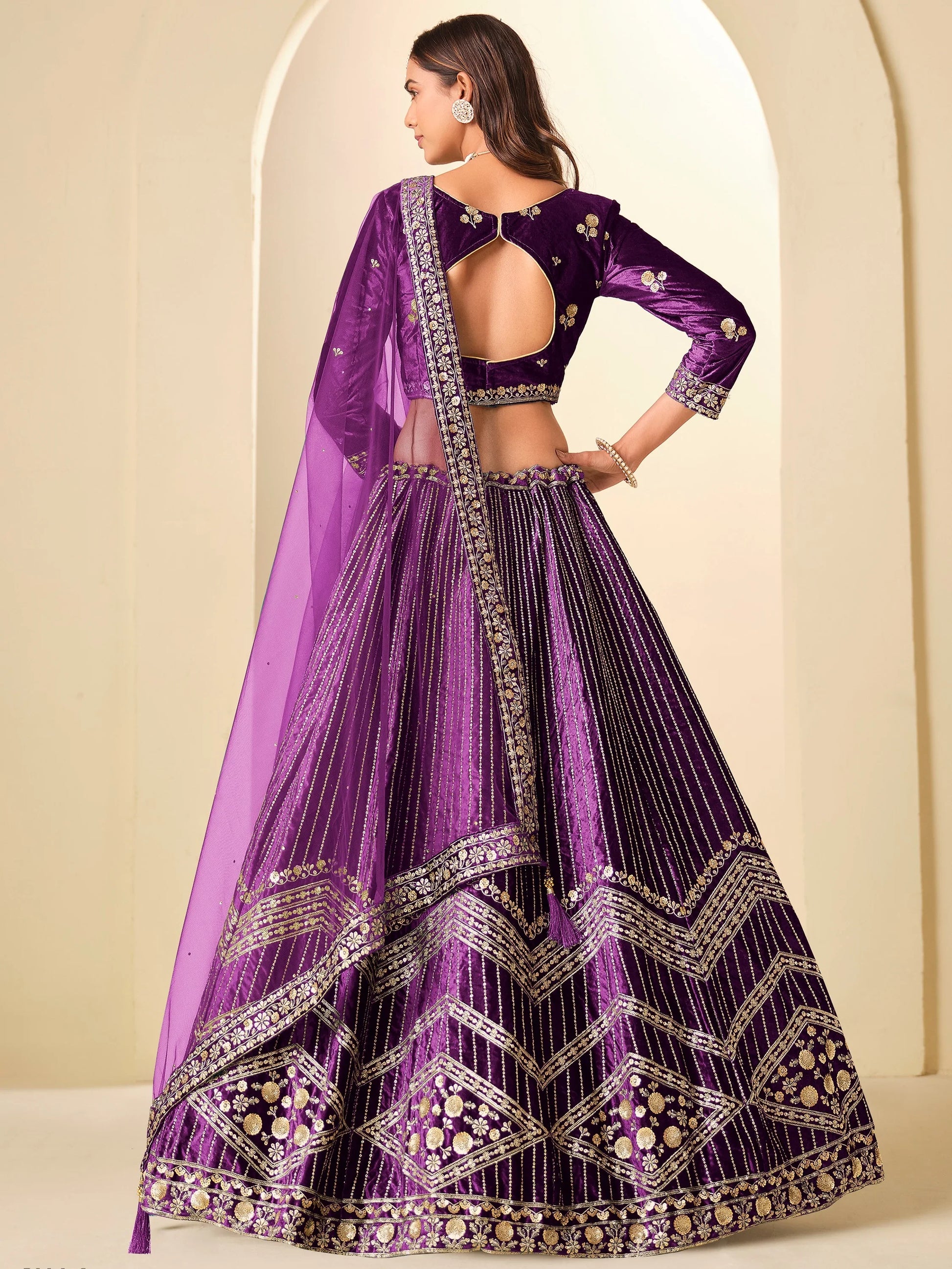Glamorous Purple Sequins Work Velvet Festival Wear Lehenga Choli With Dupatta