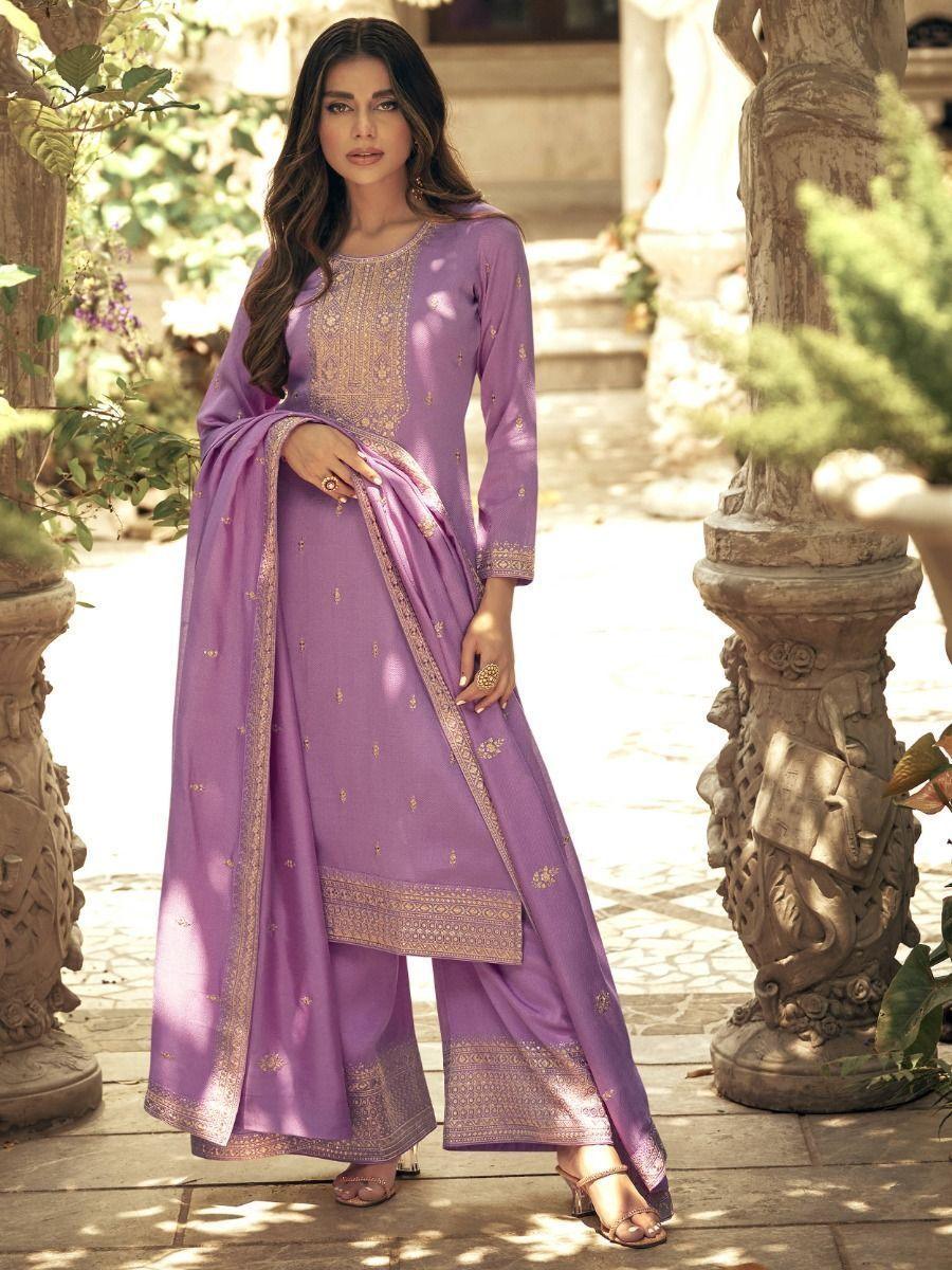 Charming Lavender Embroidered Silk Event Wear Palazzo Suit