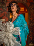 Beautiful Sky Blue Zari Weaving Silk Traditional Saree With Blouse