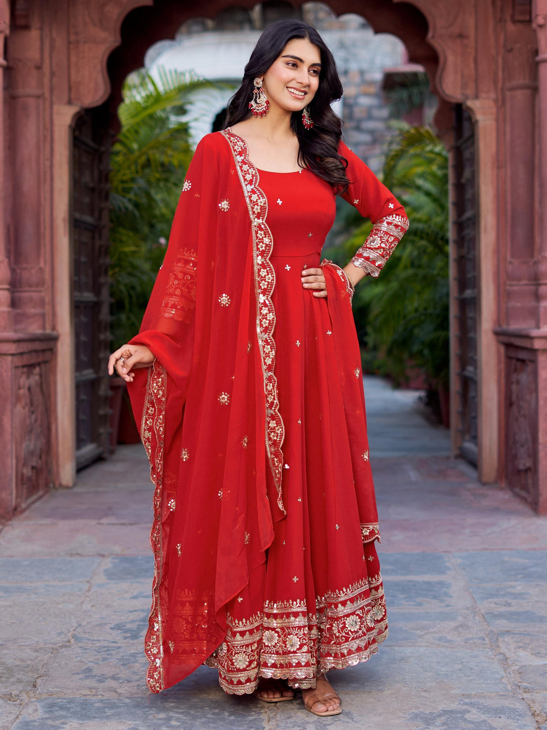 Sumptuous Red Thread Work Georgette Festive Wear Gown With Dupatta