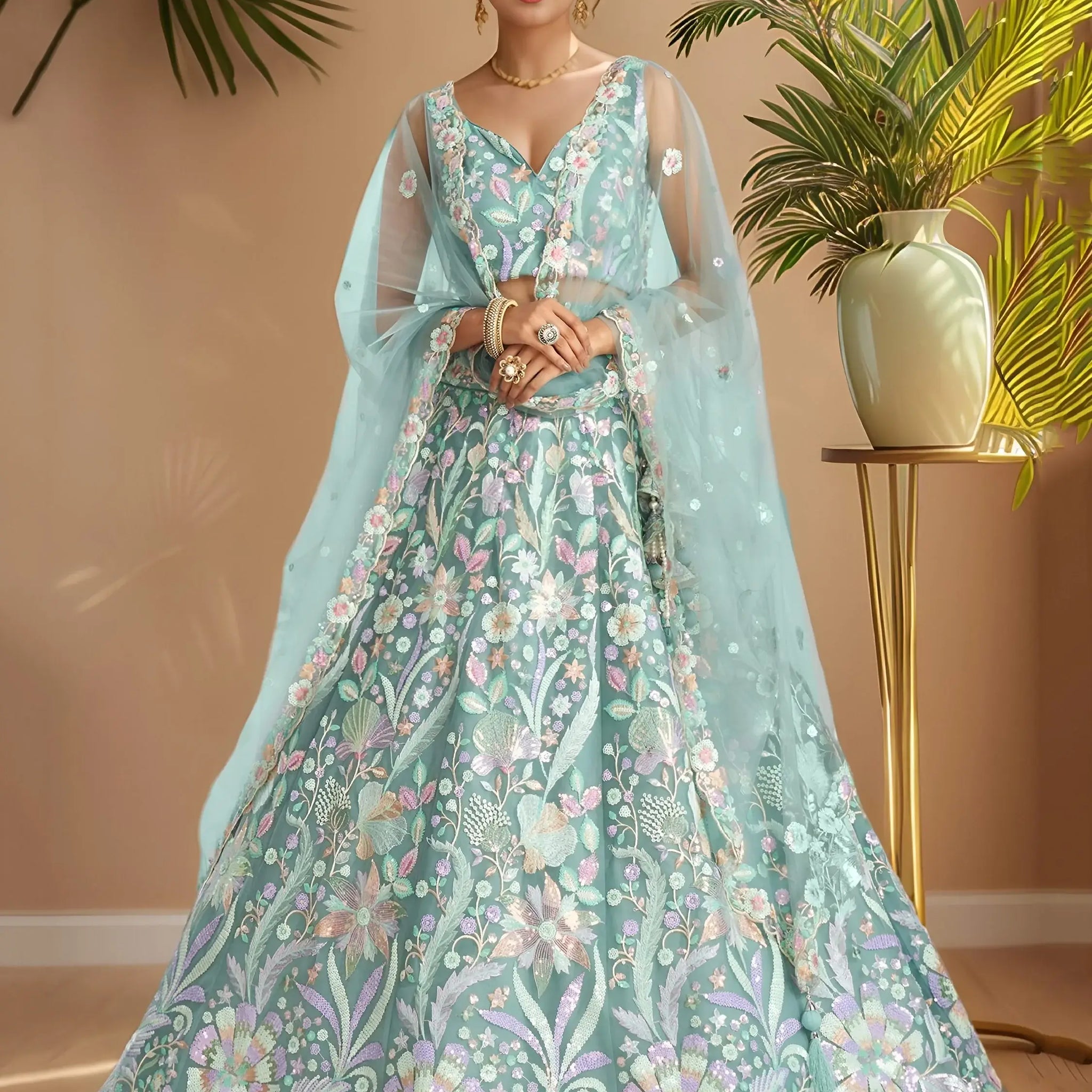 Lovely Sky Blue Sequins Work Net Bridesmaid Lehenga Choli With Dupatta