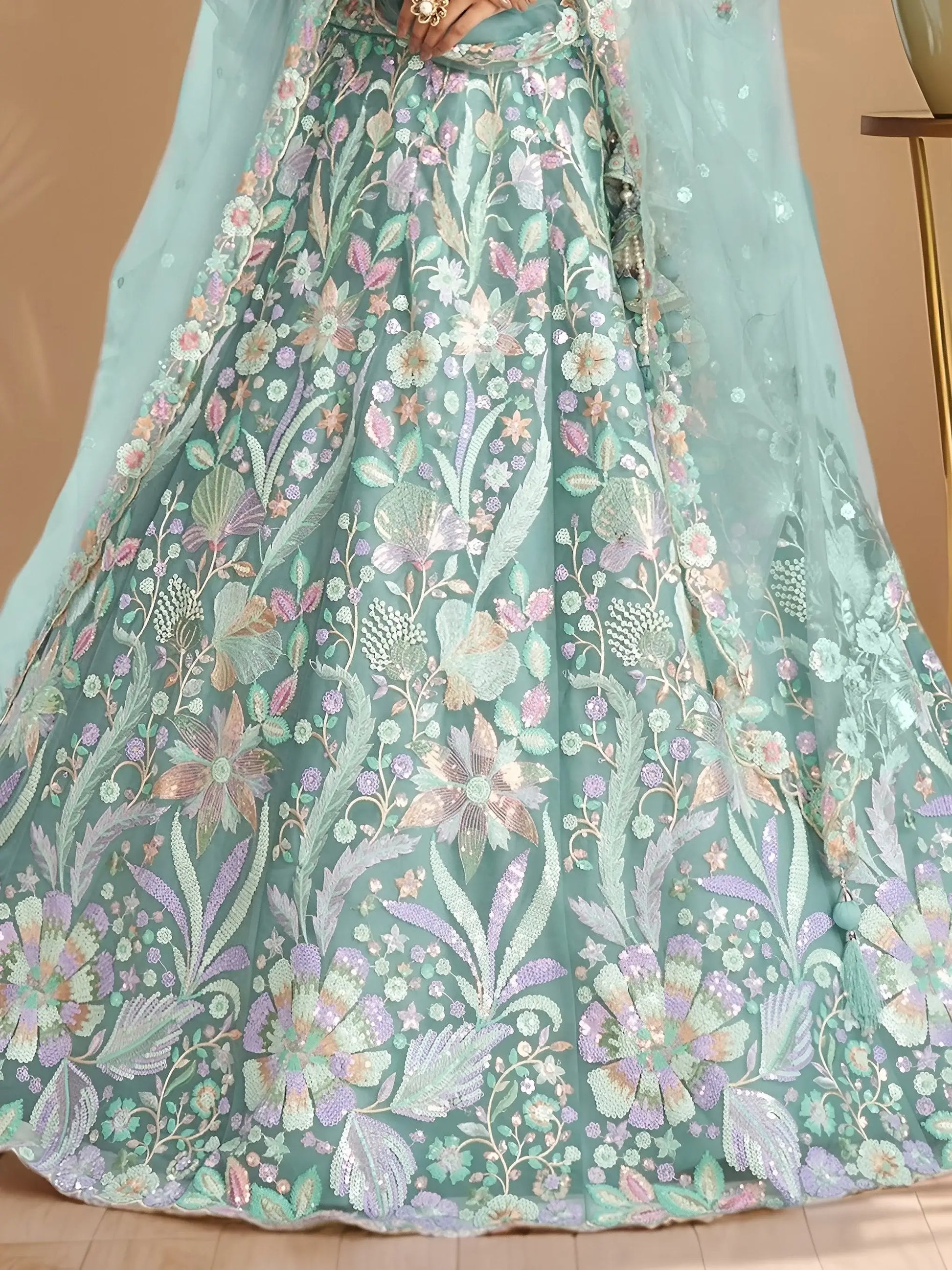 Lovely Sky Blue Sequins Work Net Bridesmaid Lehenga Choli With Dupatta