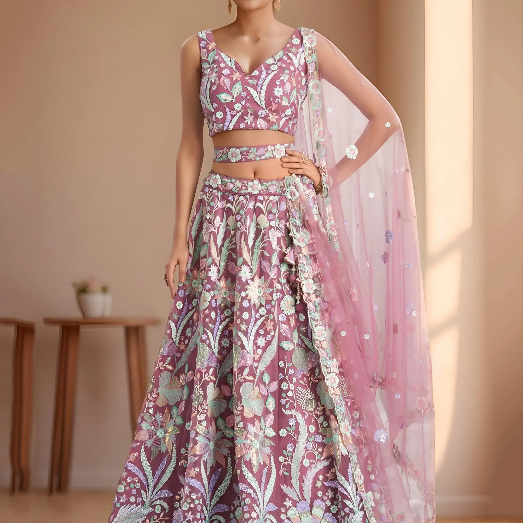 Astonishing Pink Sequins Embroidered Net Reception Wear Lehenga With Blouse