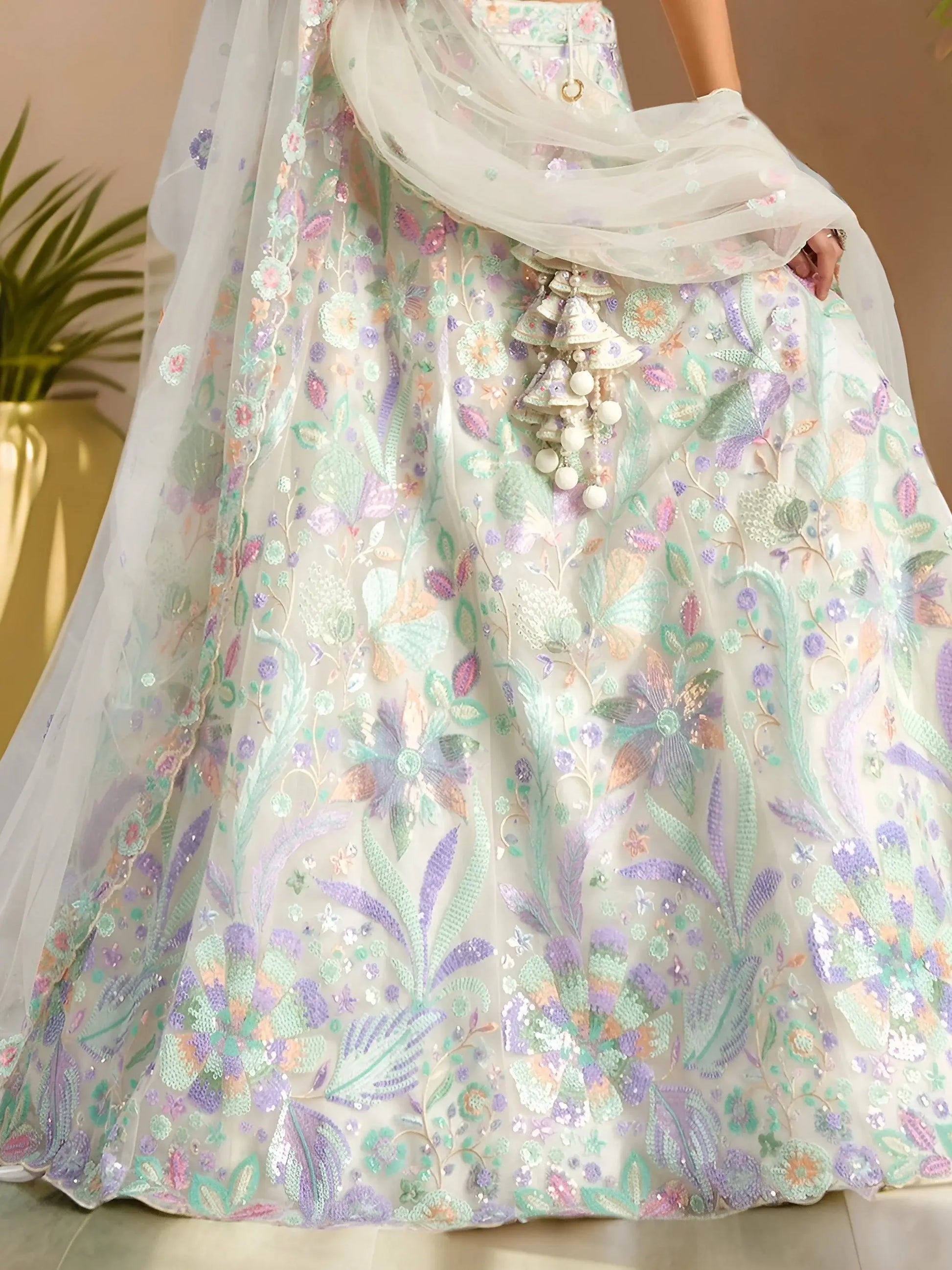 Phenomenal White Sequins Net Evening Wear Lehenga Choli With Dupatta
