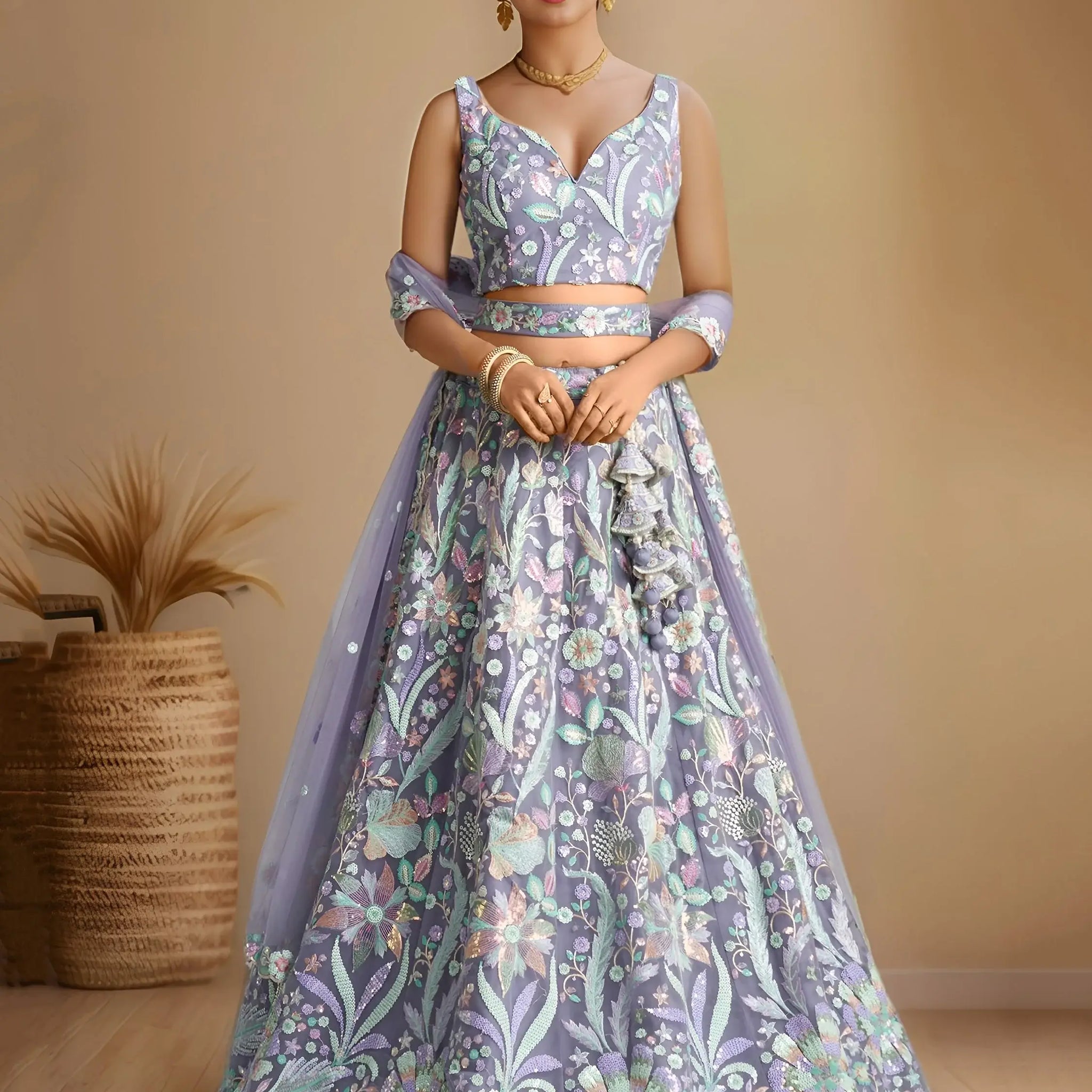 Attractive Lavender Floral Embroidered Net Party Wear Lehenga Choli