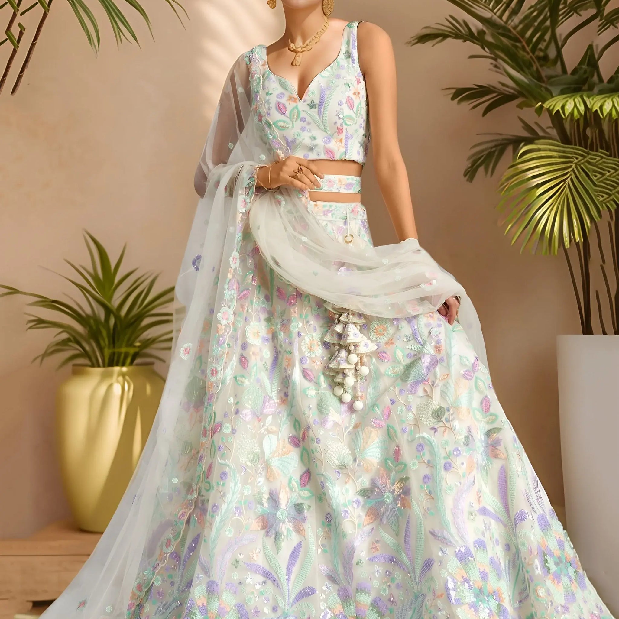 Phenomenal White Sequins Net Evening Wear Lehenga Choli With Dupatta
