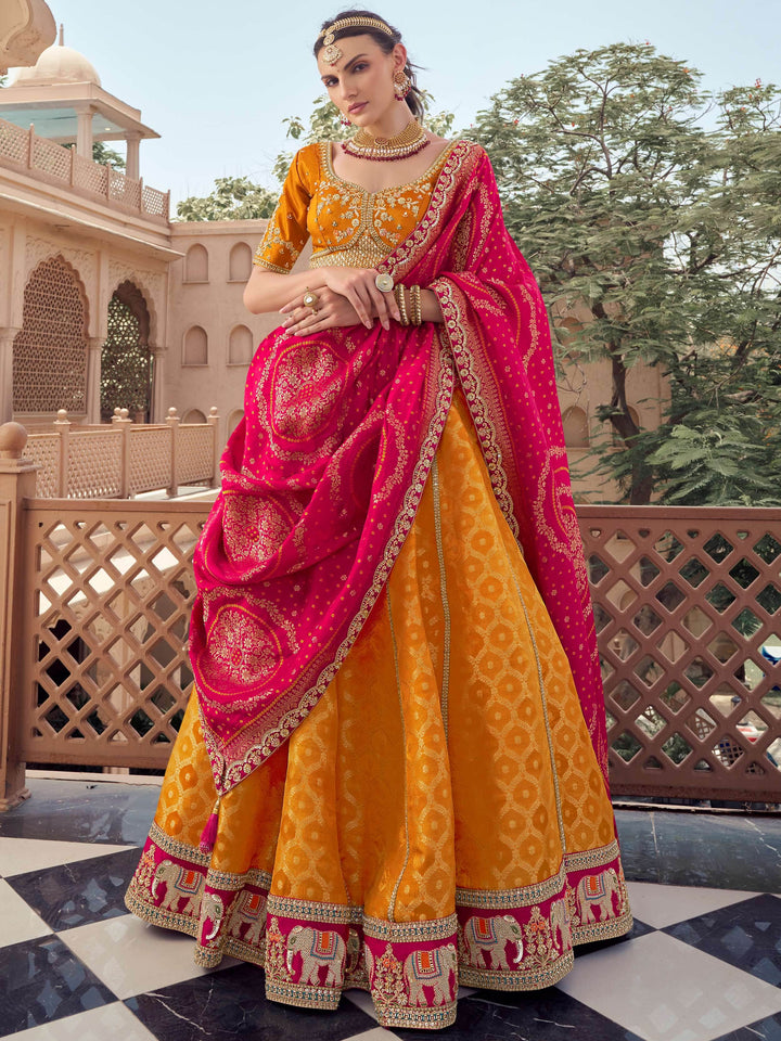 Royal Mustard Yellow Bead Work Tissue Designer Lehenga Choli With Dupatta