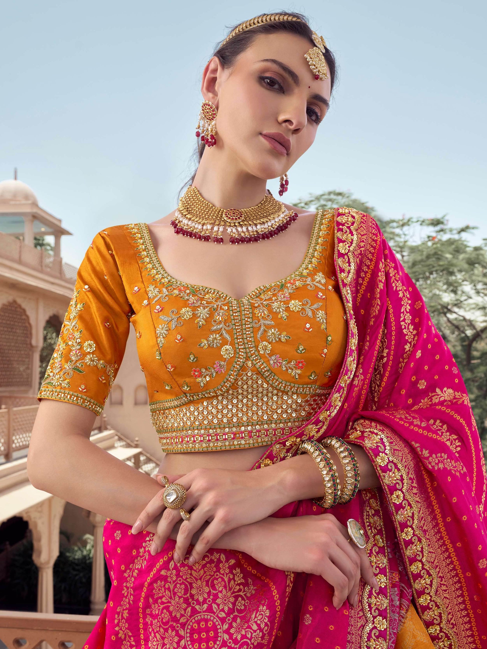 Royal Mustard Yellow Bead Work Tissue Designer Lehenga Choli With Dupatta