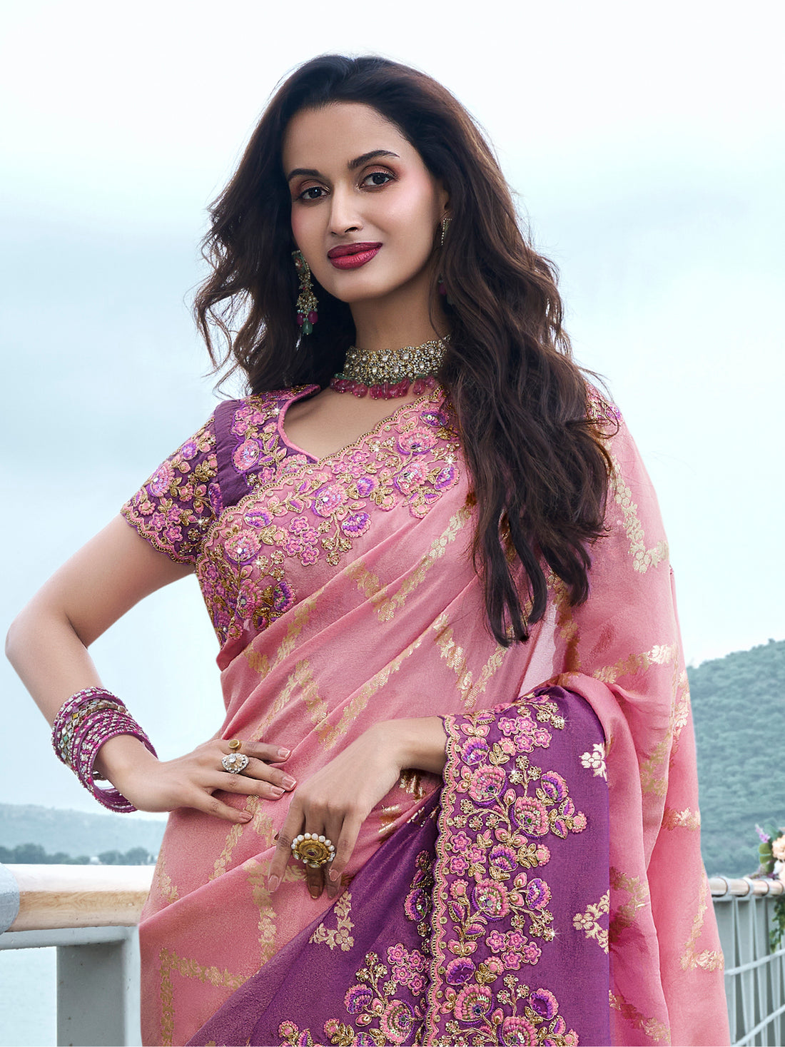 Sweet Pink Zari Weaving Organza Silk Wedding Wear Saree