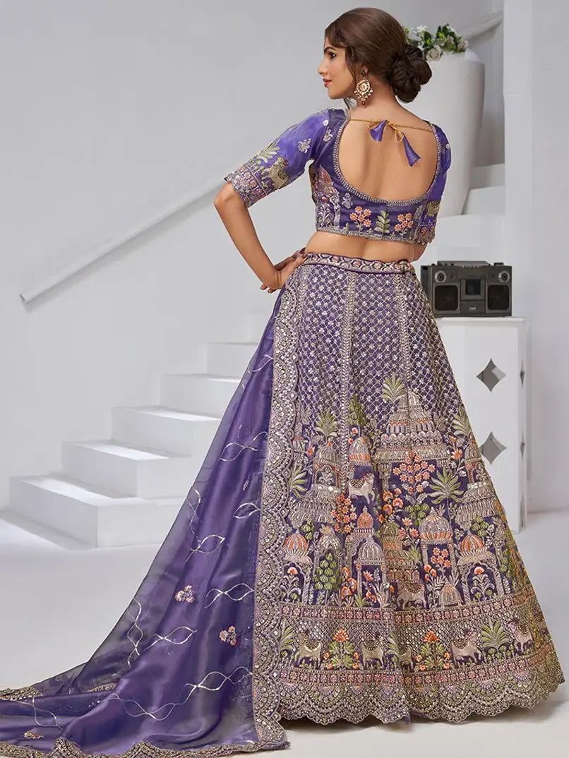Tremendous Purple Resham Work Organza Reception Wear Lehenga With Blouse