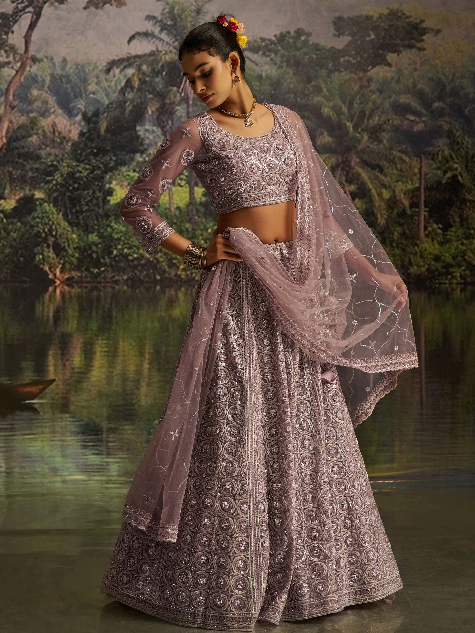 Ravishing Mauve Zarkan Work Net Engagement Wear Lehenga Choli With Dupatta
