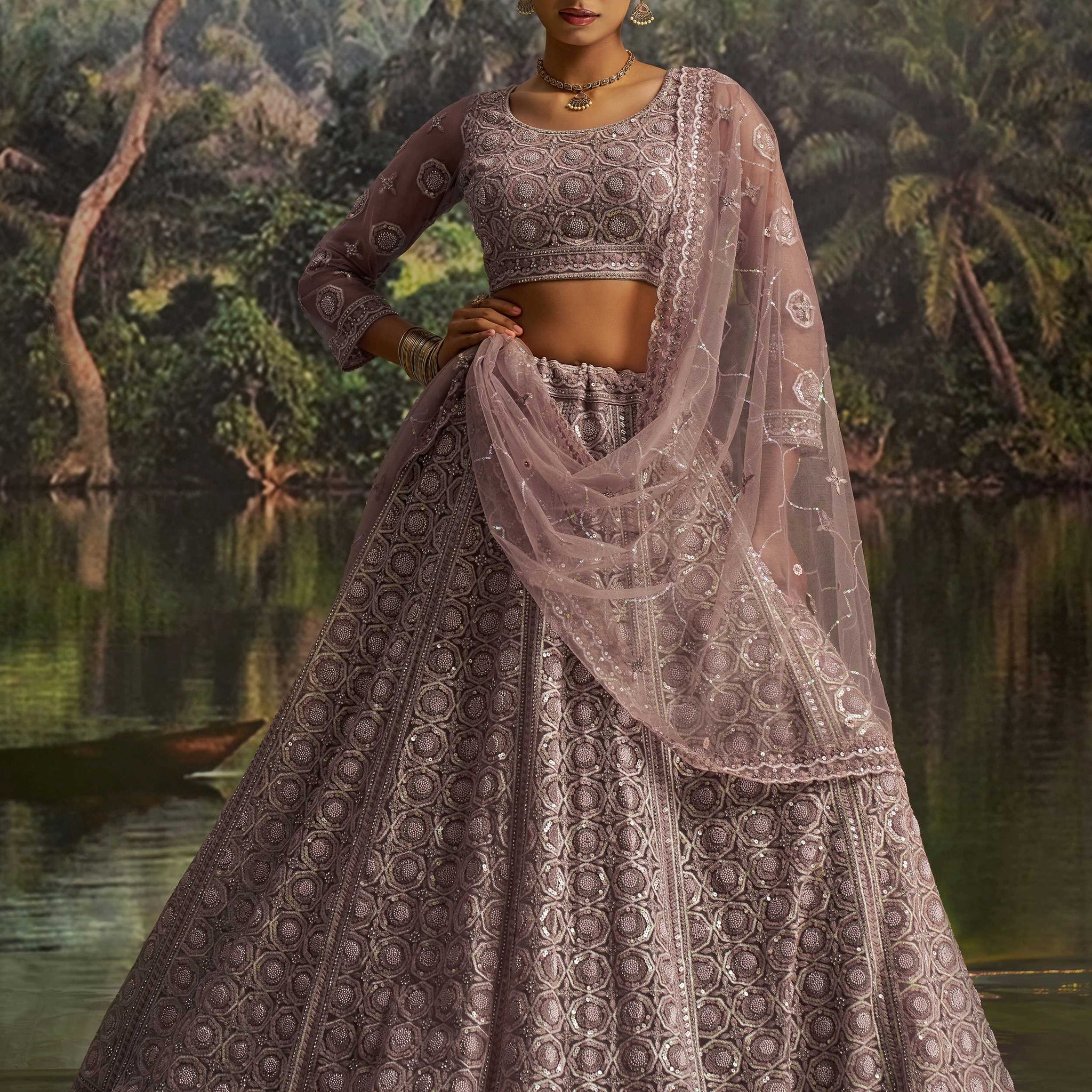 Ravishing Mauve Zarkan Work Net Engagement Wear Lehenga Choli With Dupatta