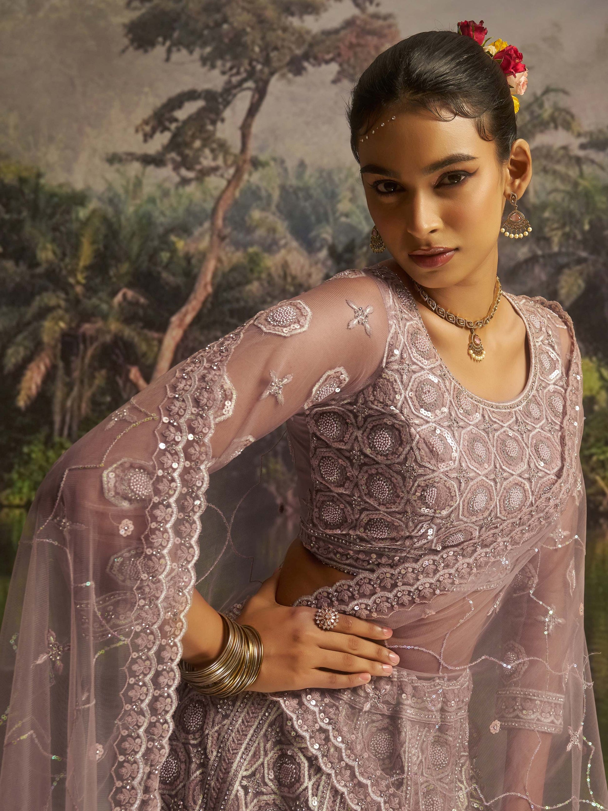 Ravishing Mauve Zarkan Work Net Engagement Wear Lehenga Choli With Dupatta