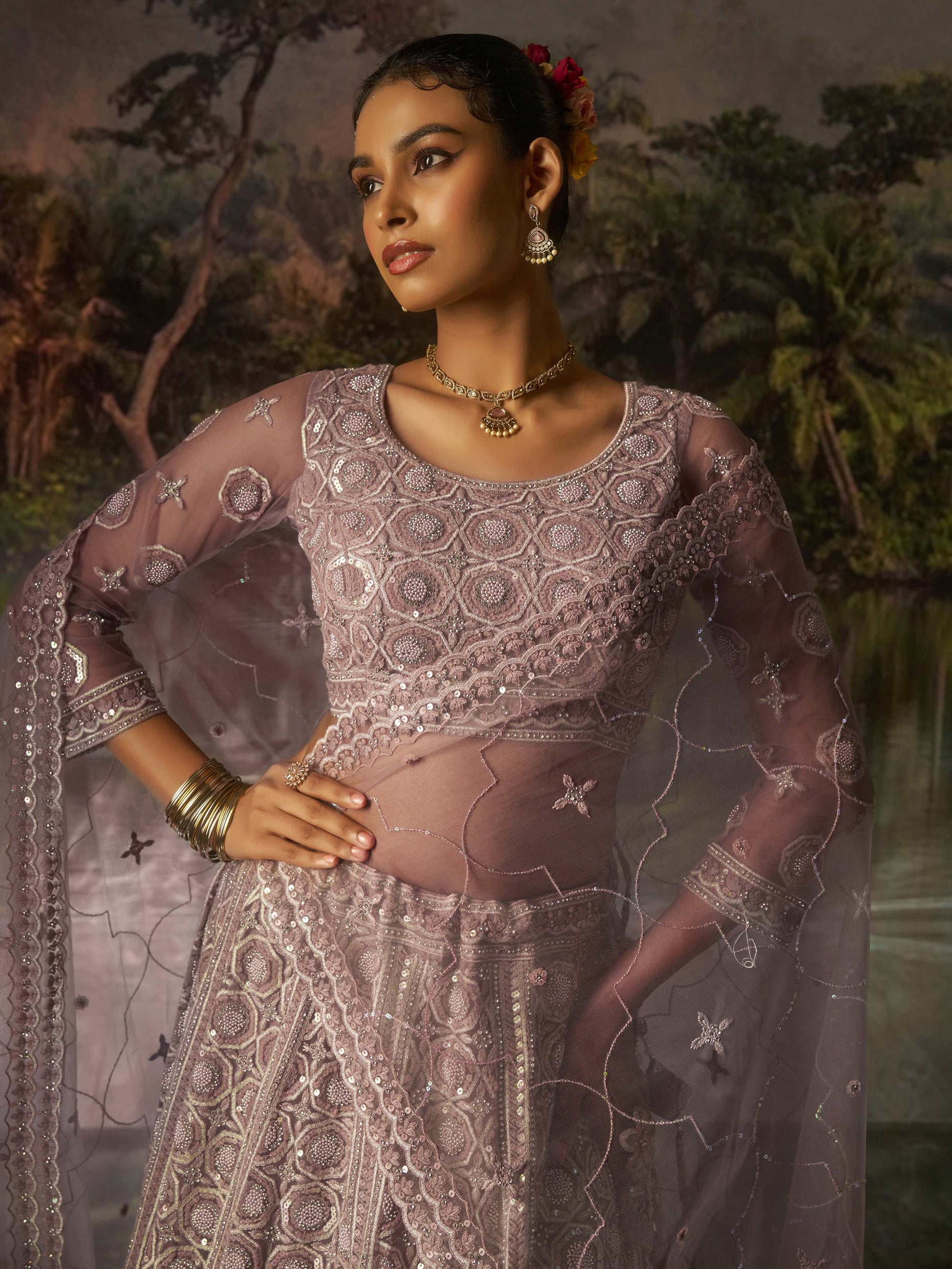 Ravishing Mauve Zarkan Work Net Engagement Wear Lehenga Choli With Dupatta