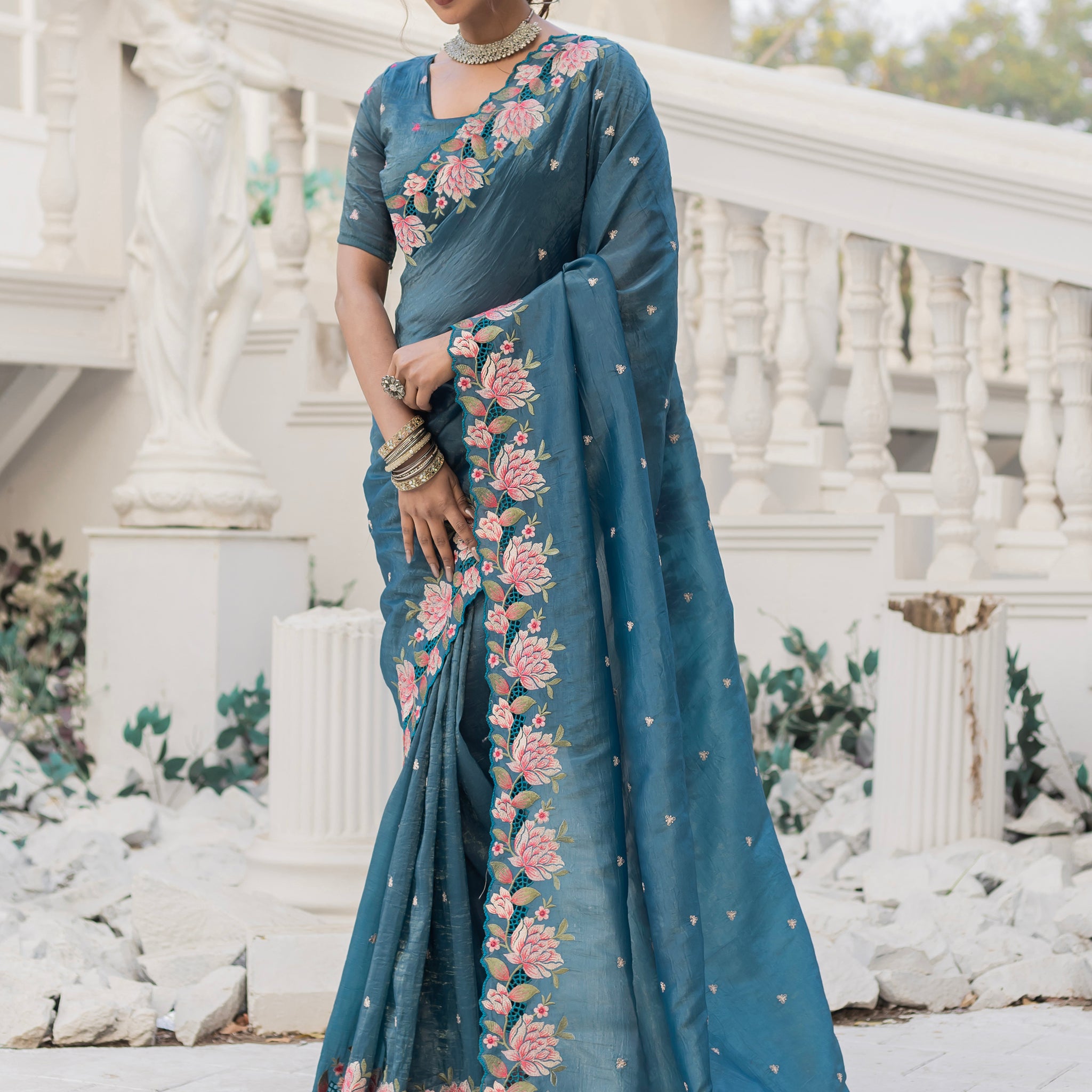 Marvelous Blue Embroidered Silk Party Wear Saree