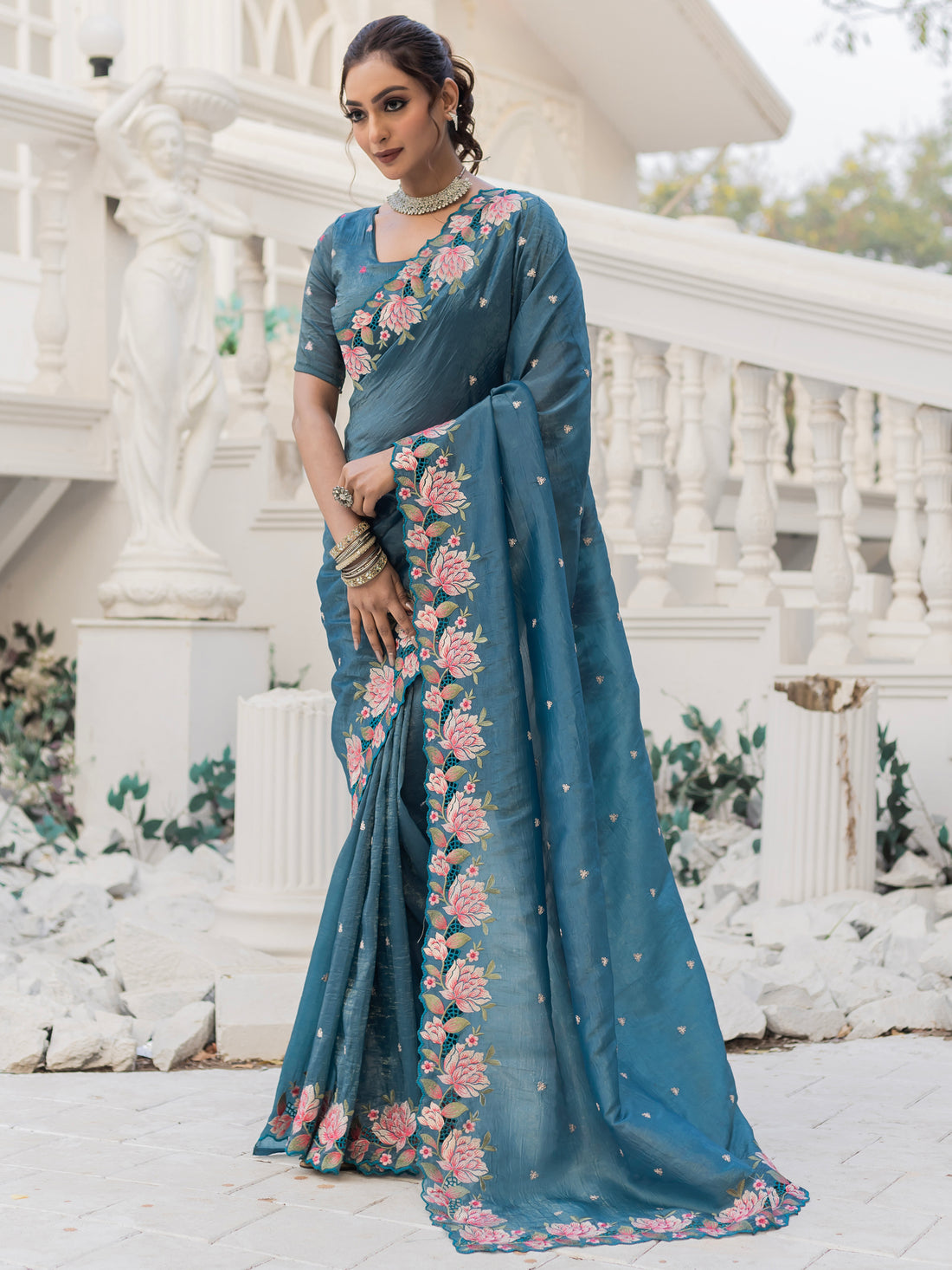 Marvelous Blue Embroidered Silk Party Wear Saree