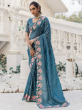 Marvelous Blue Embroidered Silk Party Wear Saree