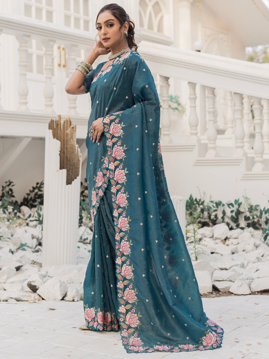 Marvelous Blue Embroidered Silk Party Wear Saree