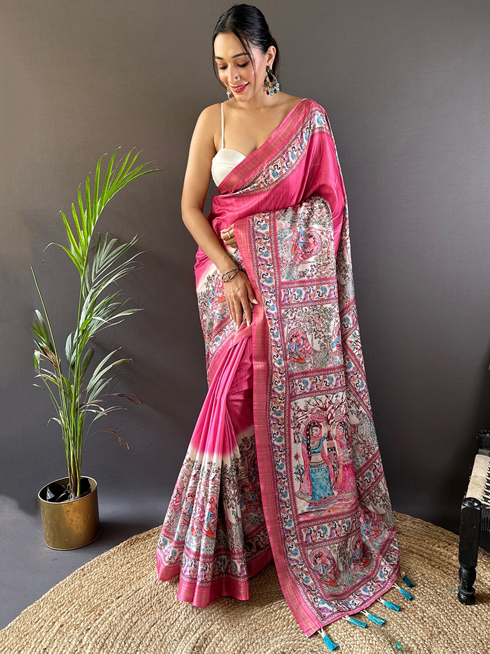 Stunning Pink Madhubani Printed Silk Festival Wear Saree With Blouse