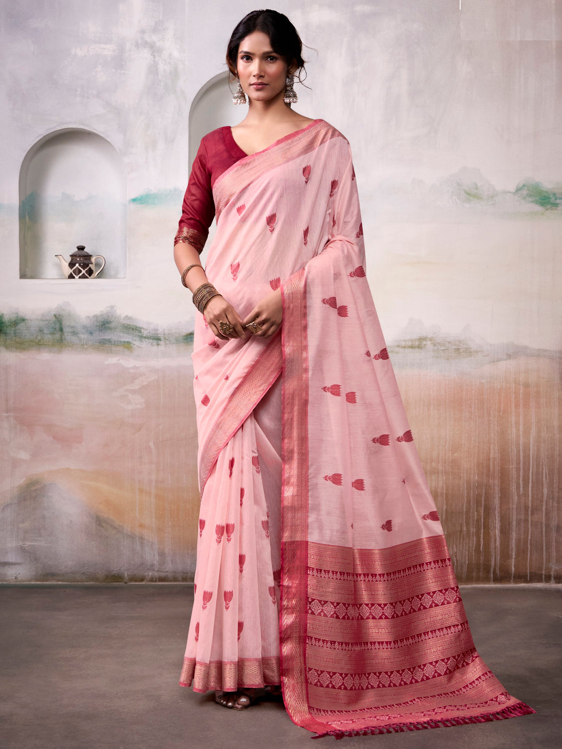 Sumptuous Peach Zari Weaving Cotton Event Wear Saree With Blouse