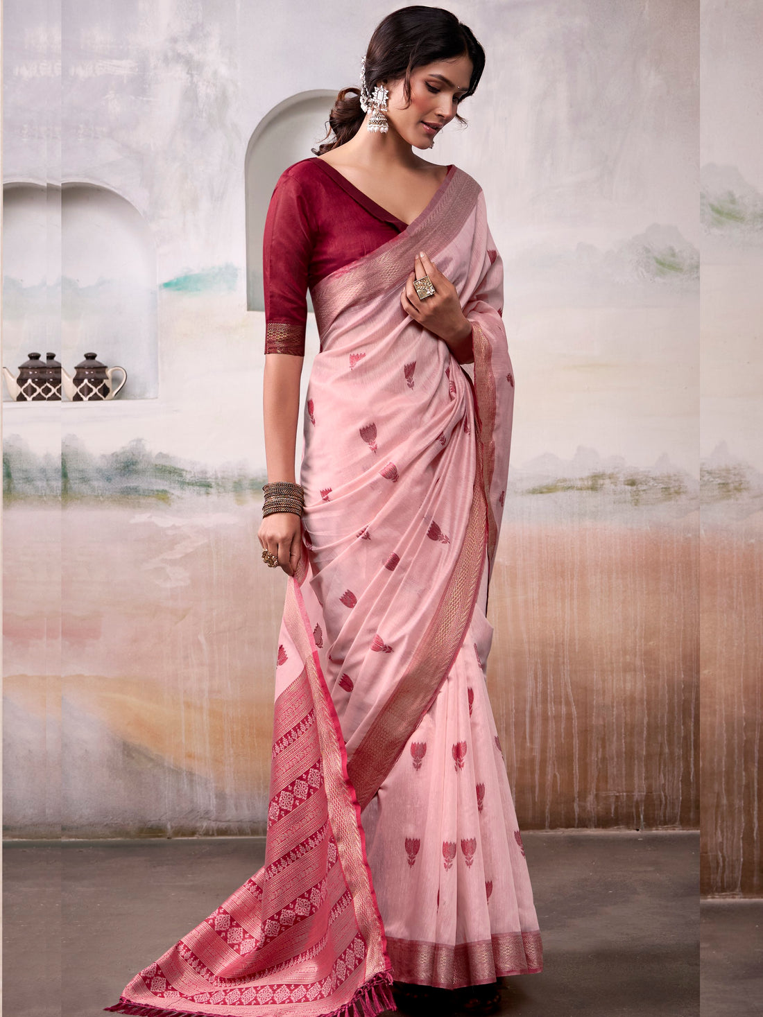 Sumptuous Peach Zari Weaving Cotton Event Wear Saree With Blouse