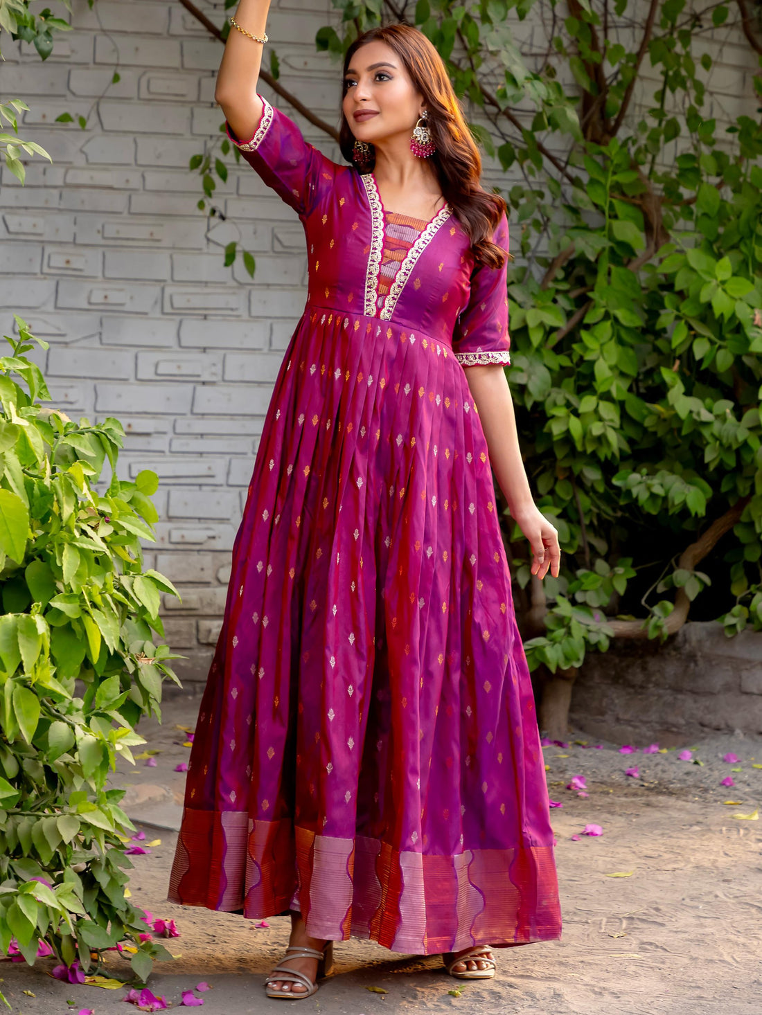 Captivating Pink Zari Weaving Silk Festive Wear Gown