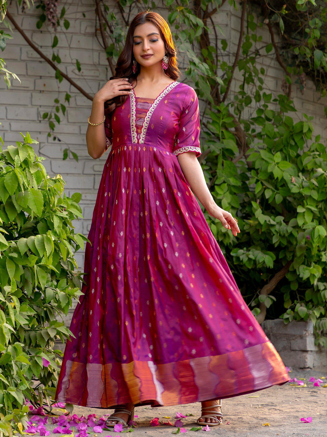 Captivating Pink Zari Weaving Silk Festive Wear Gown