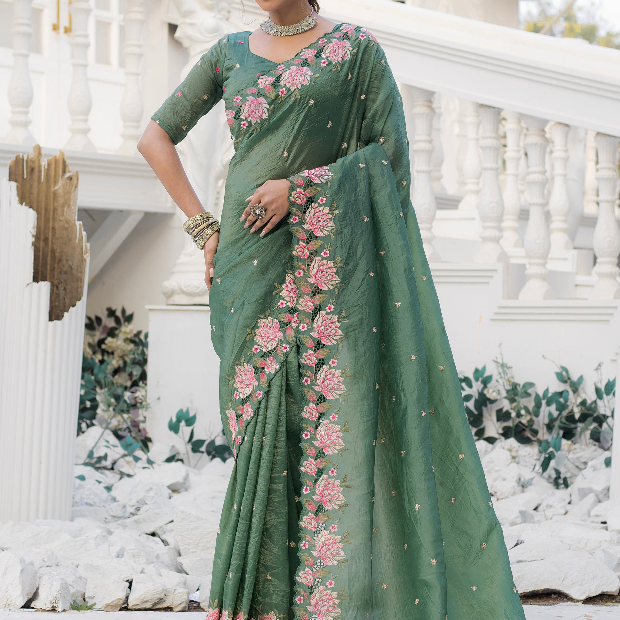 Mesmerizing Green Embroidered Silk Festive Wear Saree