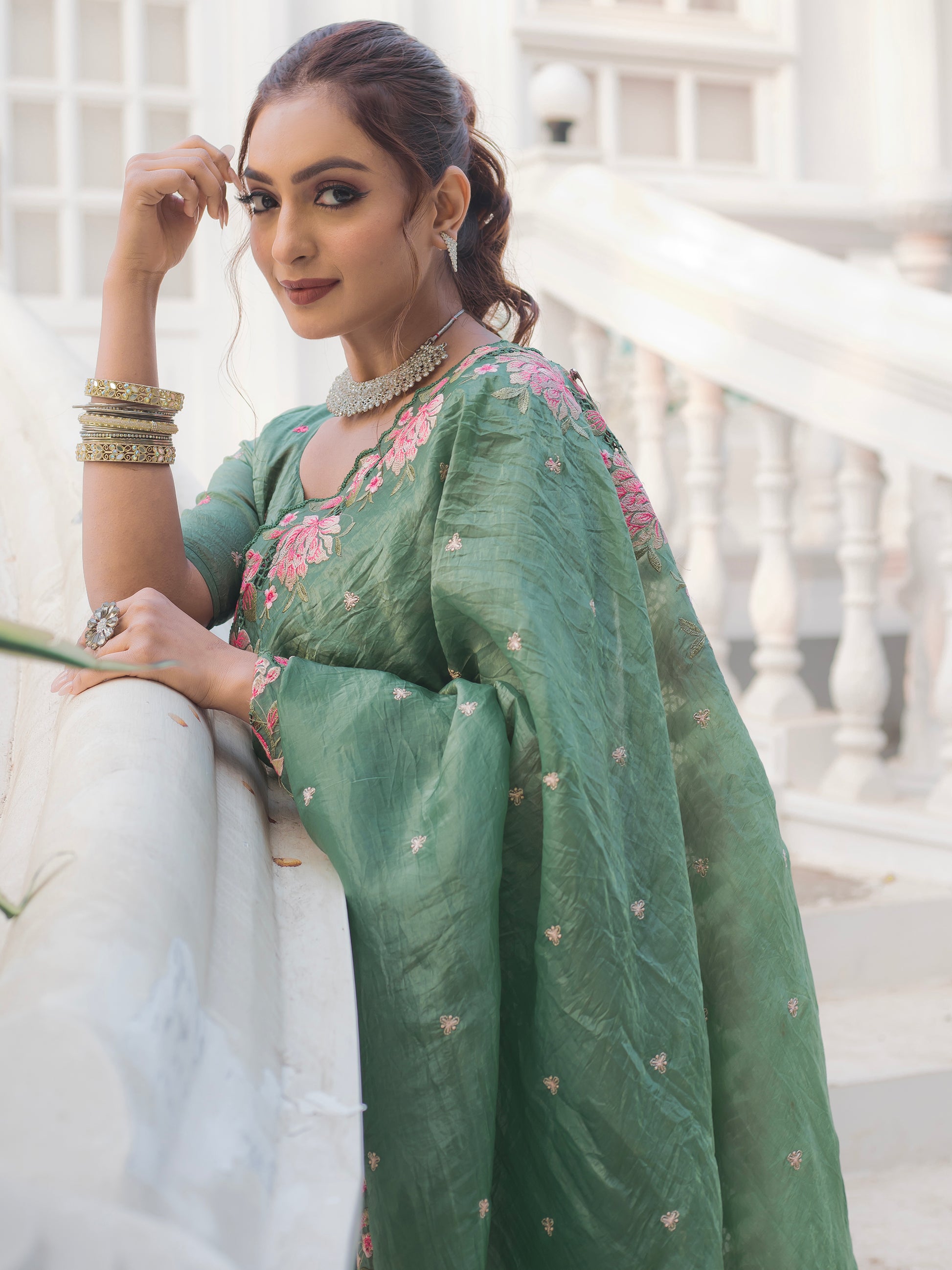 Mesmerizing Green Embroidered Silk Festive Wear Saree