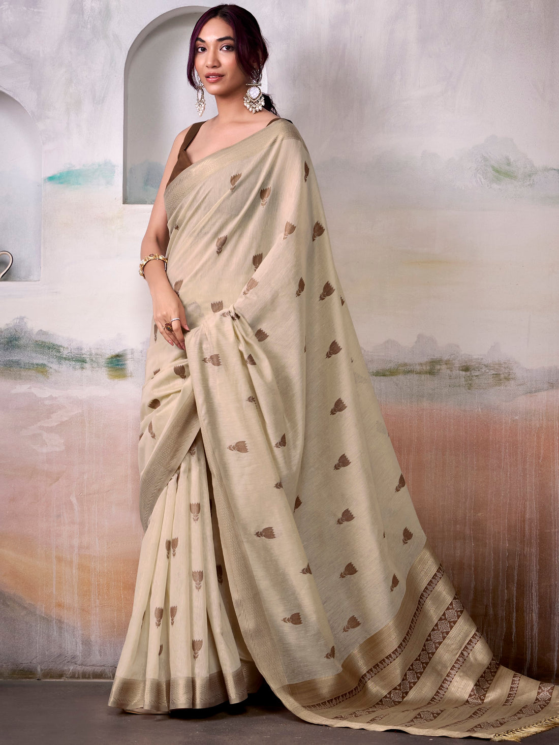 Gleaming Beige Zari Weaving Cotton Casual Wear Saree With Blouse