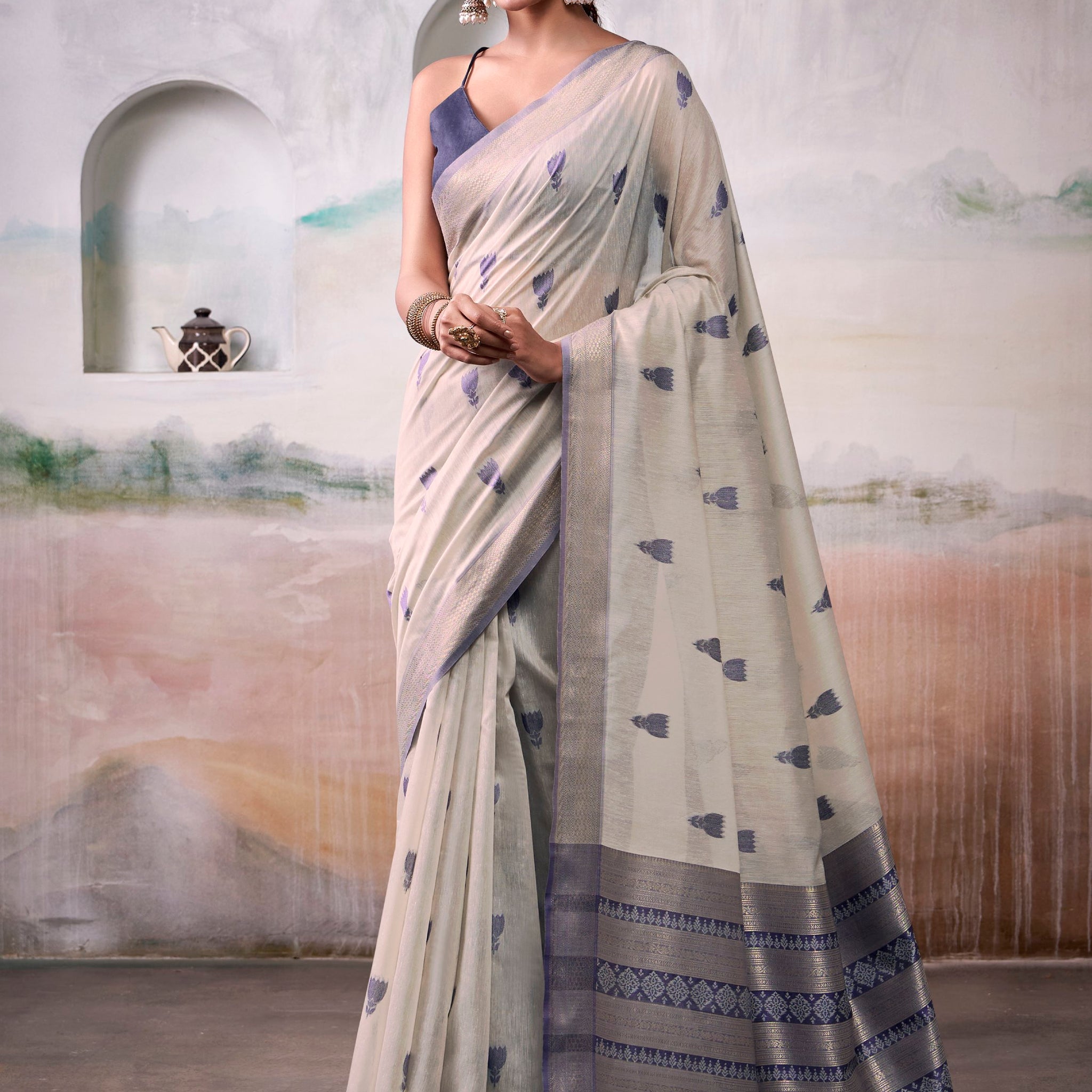 Spectacular Grey Zari Weaving Cotton Traditional Saree With Blouse