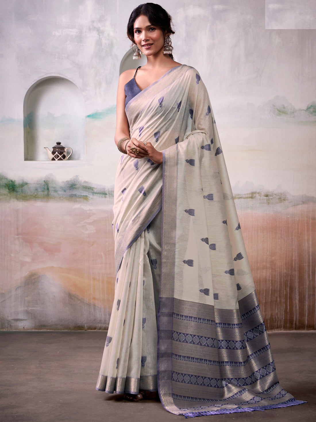 Spectacular Grey Zari Weaving Cotton Traditional Saree With Blouse