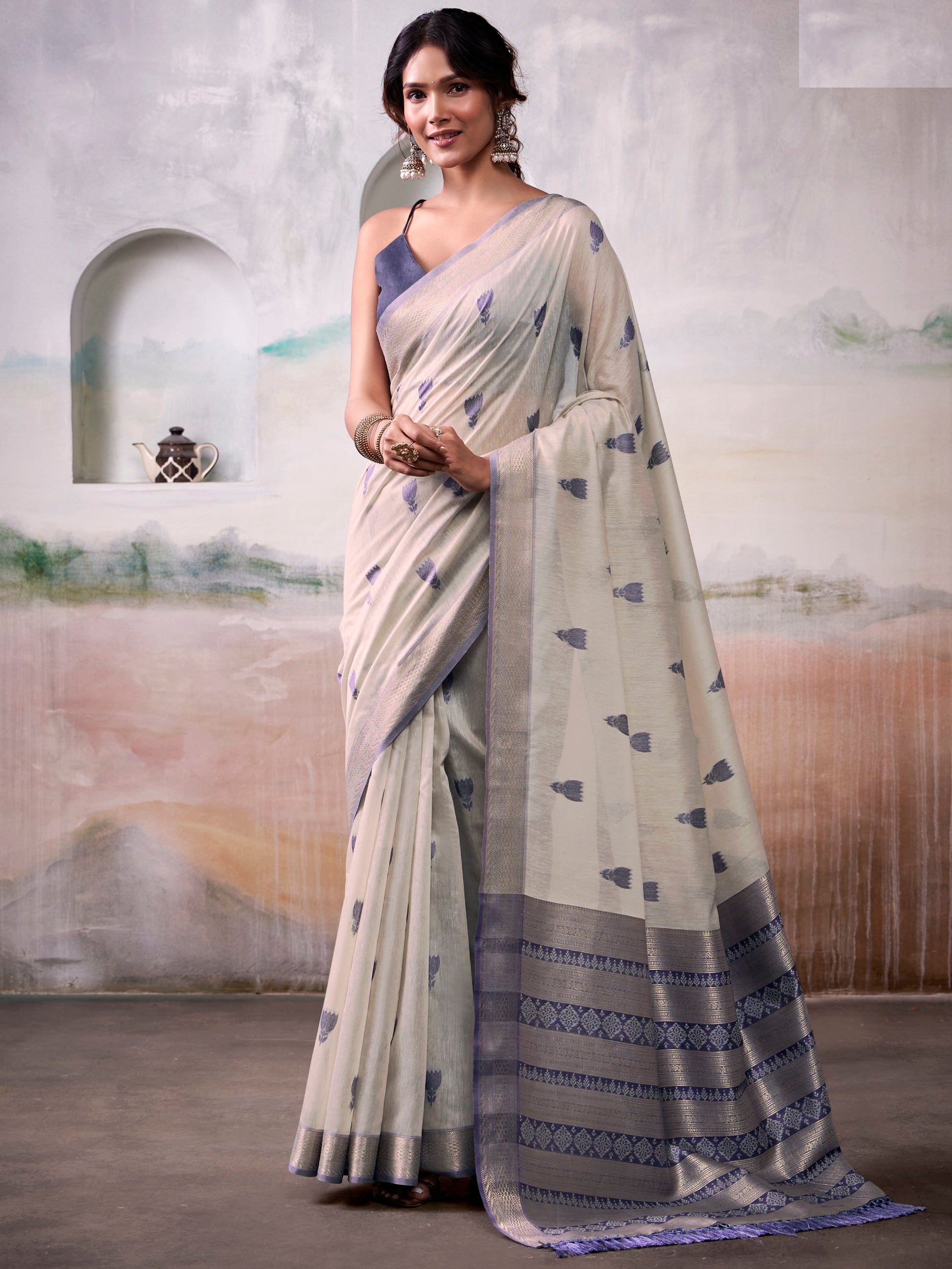Spectacular Grey Zari Weaving Cotton Traditional Saree With Blouse