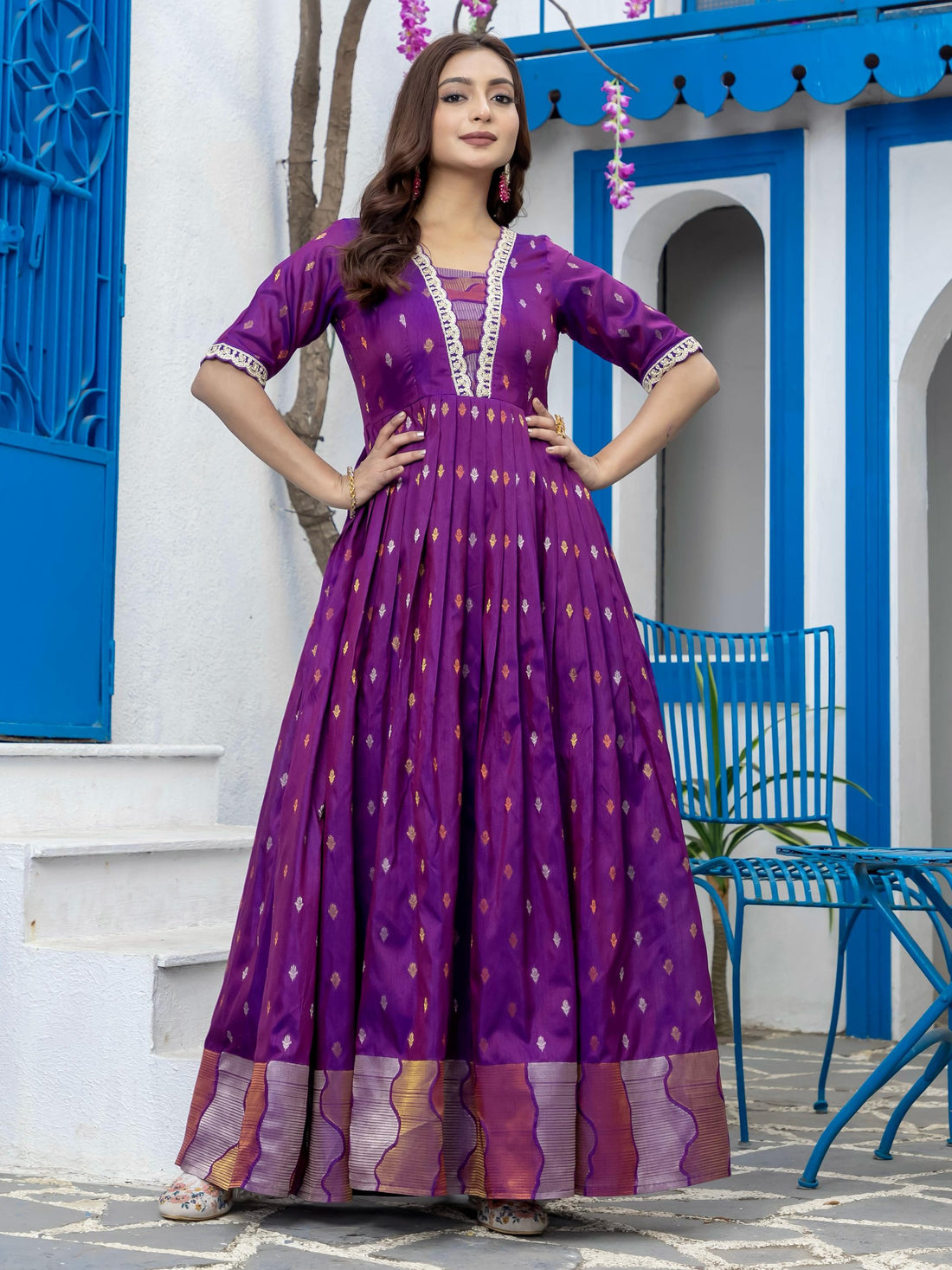 Magnetic Purple Zari Weaving Silk Traditional Gown