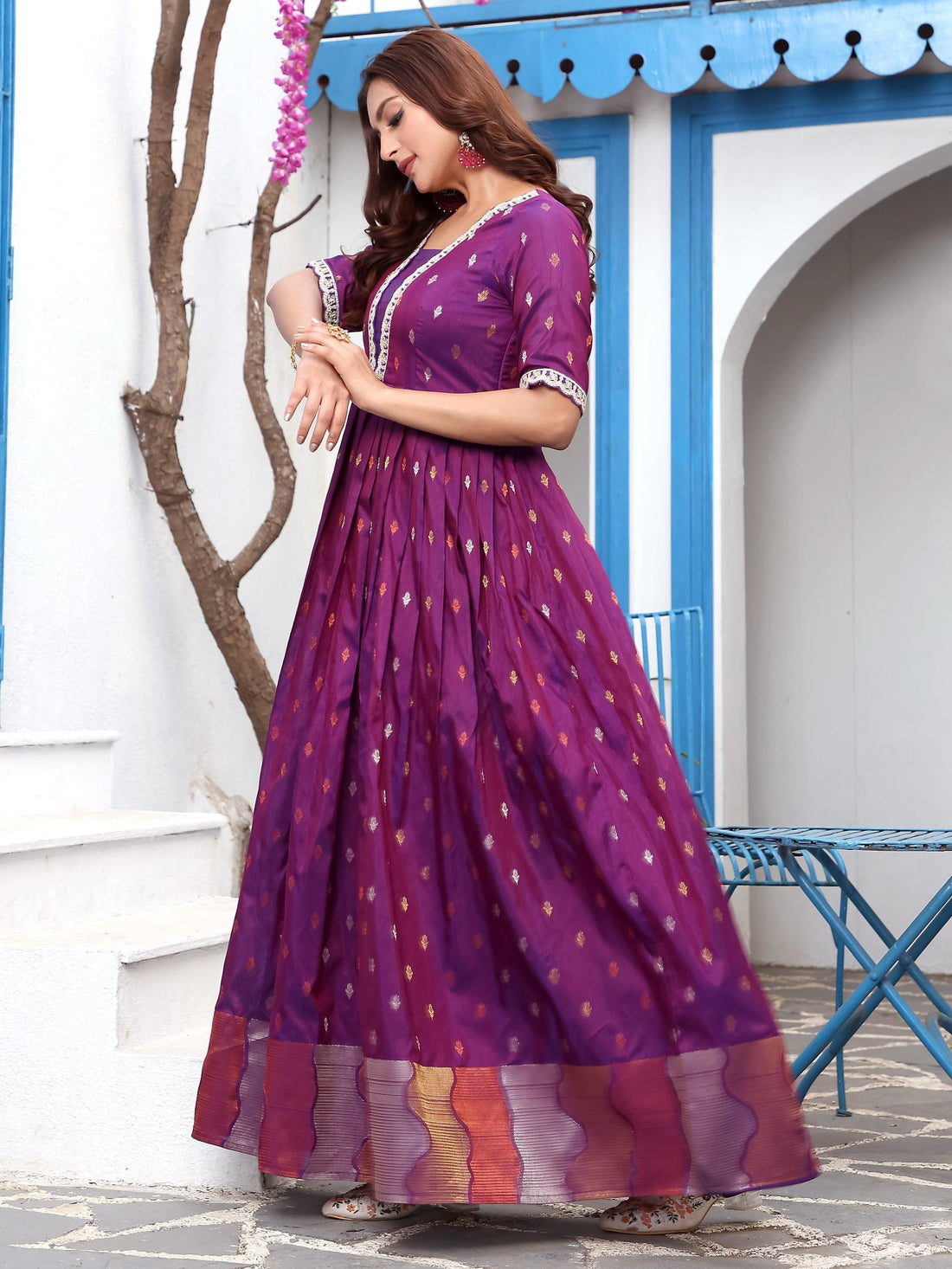 Magnetic Purple Zari Weaving Silk Traditional Gown