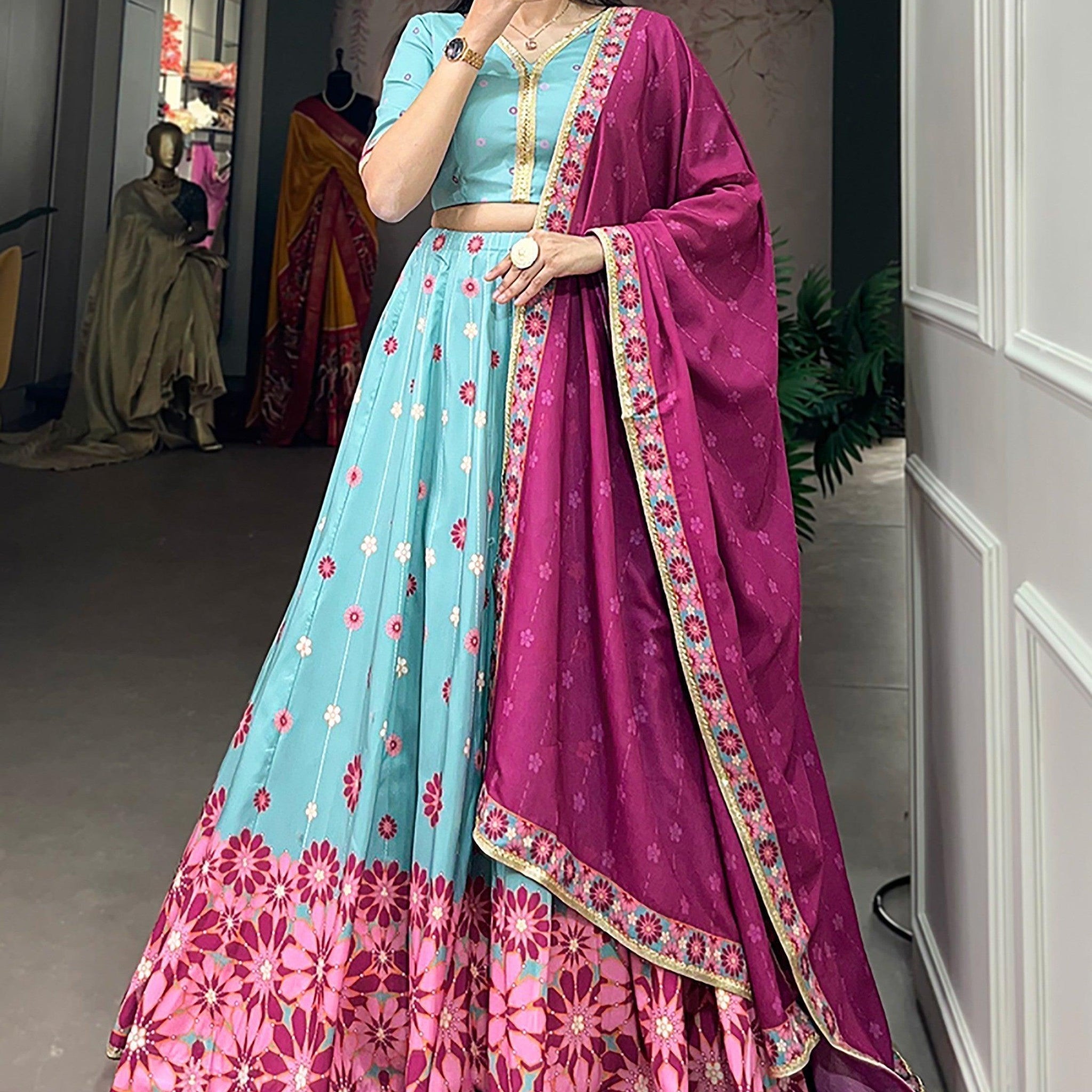 Enchanting Sky-Blue Digital Printed Silk Lehenga Choli With Dupatta