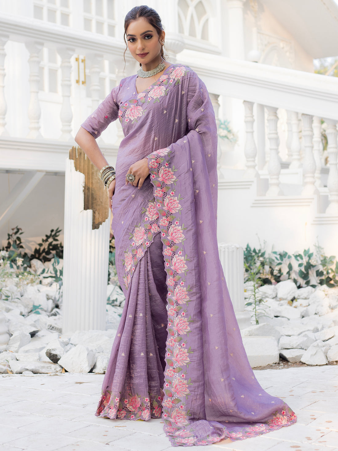 Glamorous Lavender Embroidered Silk Festive Wear Saree