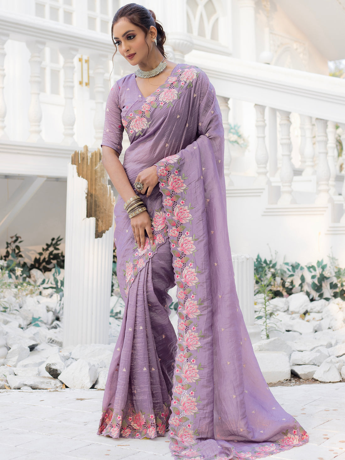 Glamorous Lavender Embroidered Silk Festive Wear Saree